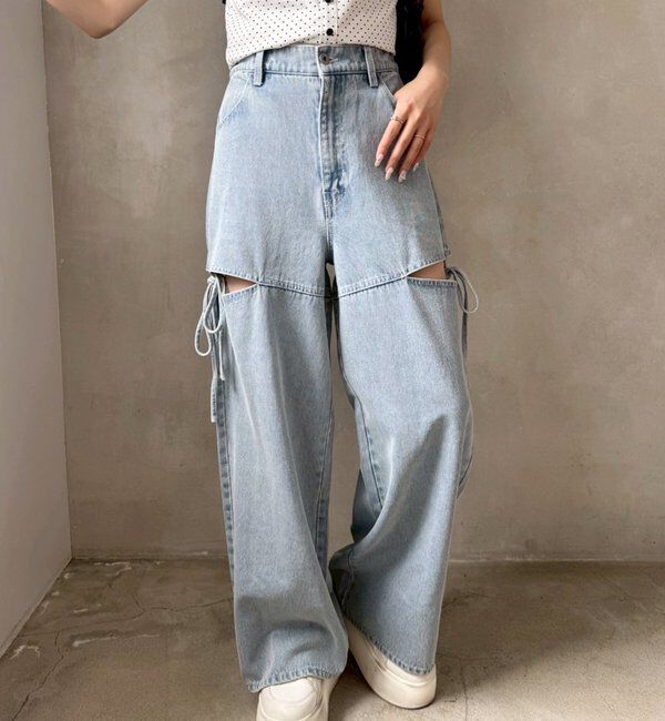  「【ウエストサイズ調整可】サイドあきリボンワイドデニム」|その他|