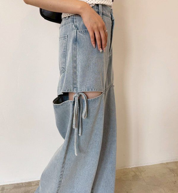  「【ウエストサイズ調整可】サイドあきリボンワイドデニム」|その他|