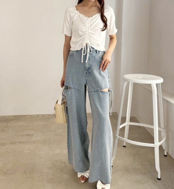  「【ウエストサイズ調整可】サイドあきリボンワイドデニム」|その他|