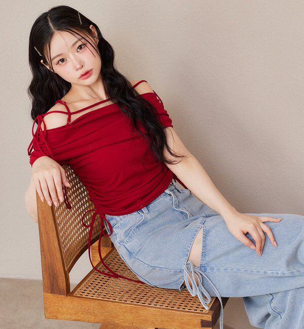  「【ウエストサイズ調整可】サイドあきリボンワイドデニム」|その他|