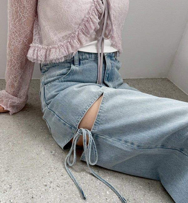  「【ウエストサイズ調整可】サイドあきリボンワイドデニム」|その他|