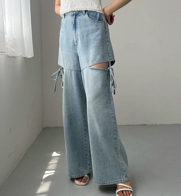  「【ウエストサイズ調整可】サイドあきリボンワイドデニム」|その他|