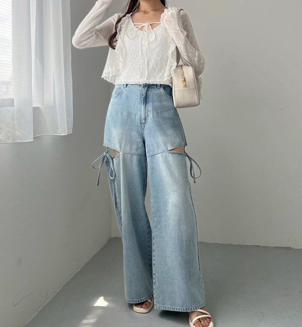  「【ウエストサイズ調整可】サイドあきリボンワイドデニム」|その他|