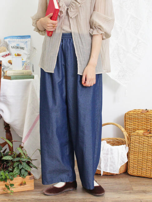 Samansa Mos2「【M/Lサイズ】デニムイージーストレートパンツ」|その他|ネイビー
