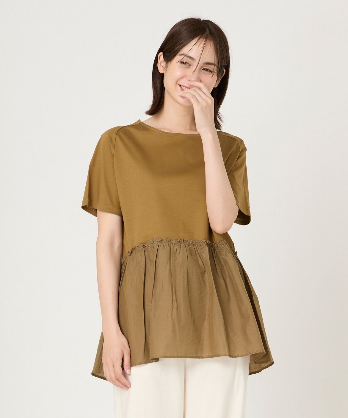 INED「異素材ペプラムカットソー」|Tシャツ・カットソー|キャメル1