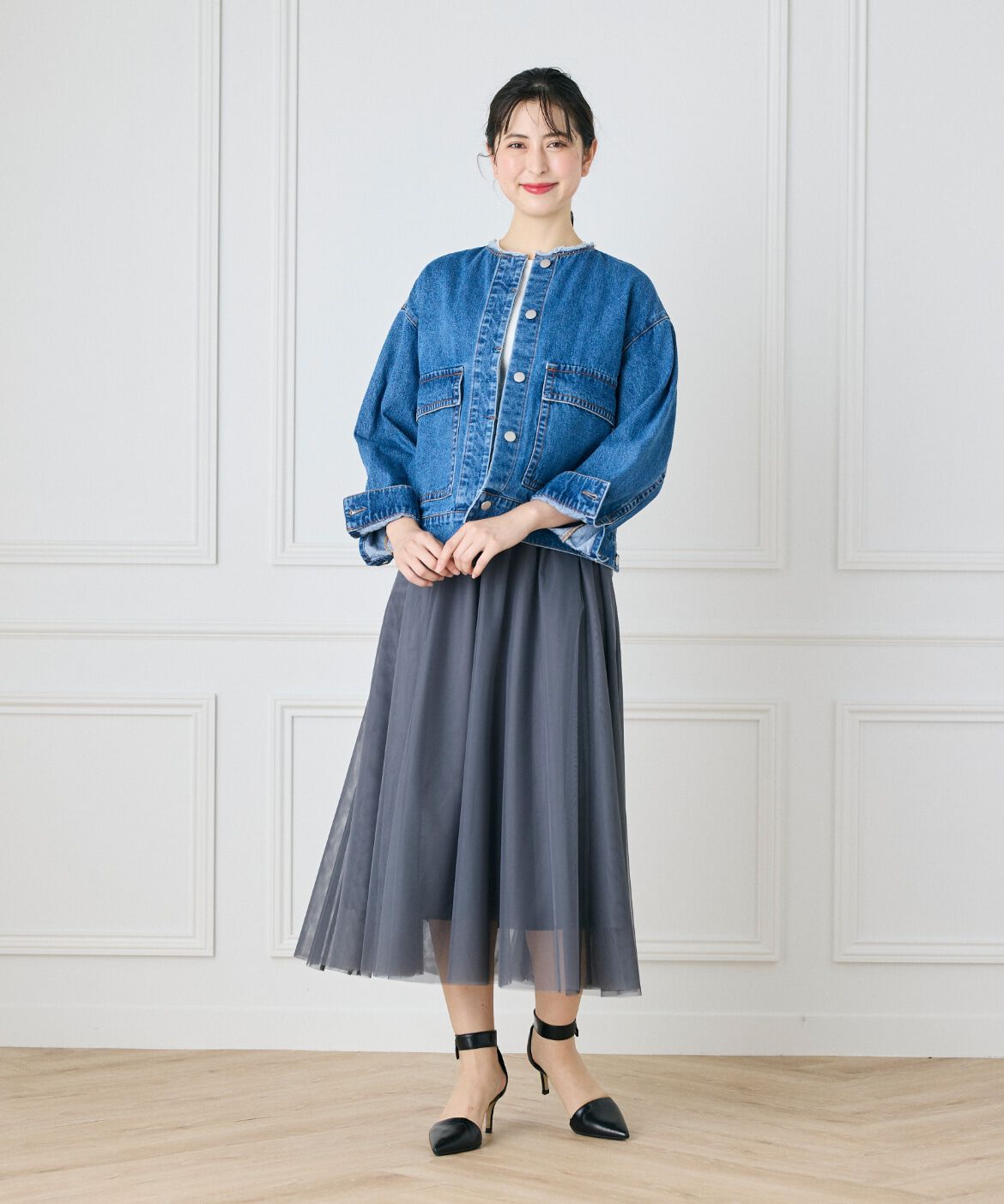 INED「ノーカラーデニムジャケット」|デニムジャケット|