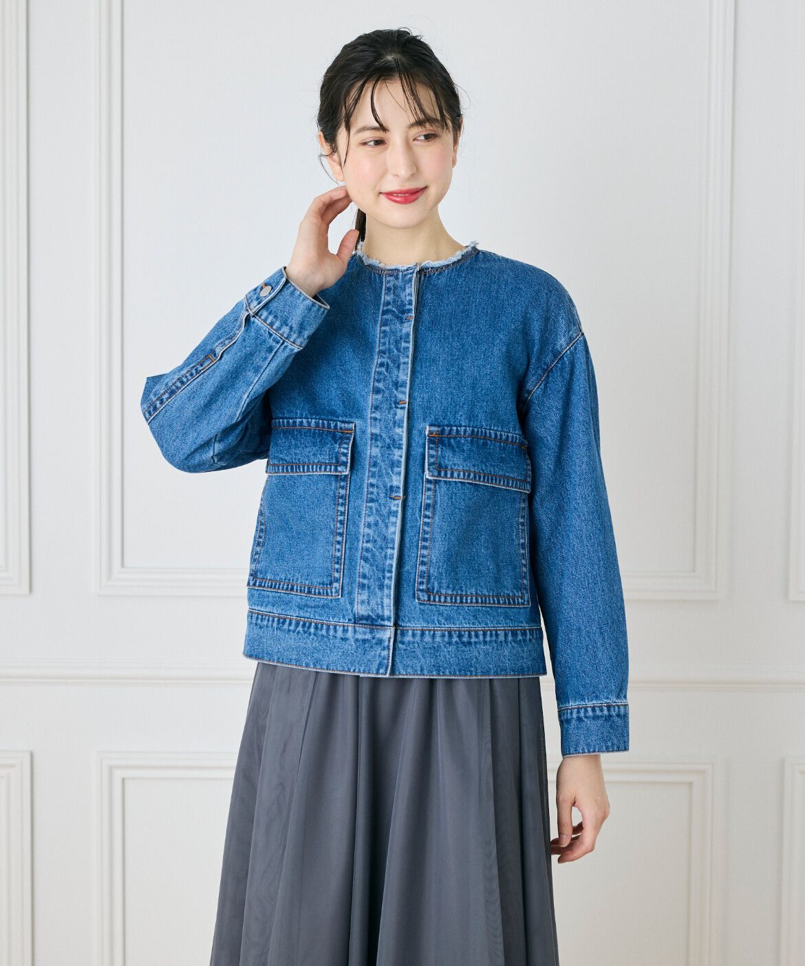 INED「ノーカラーデニムジャケット」|デニムジャケット|