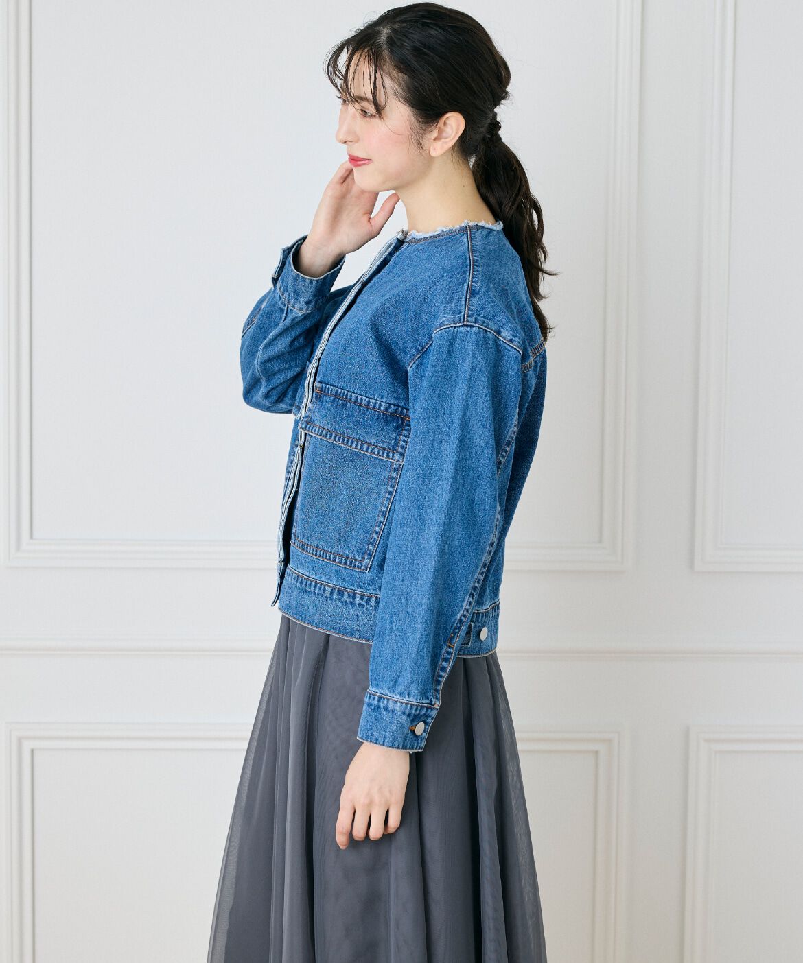 INED「ノーカラーデニムジャケット」|デニムジャケット|