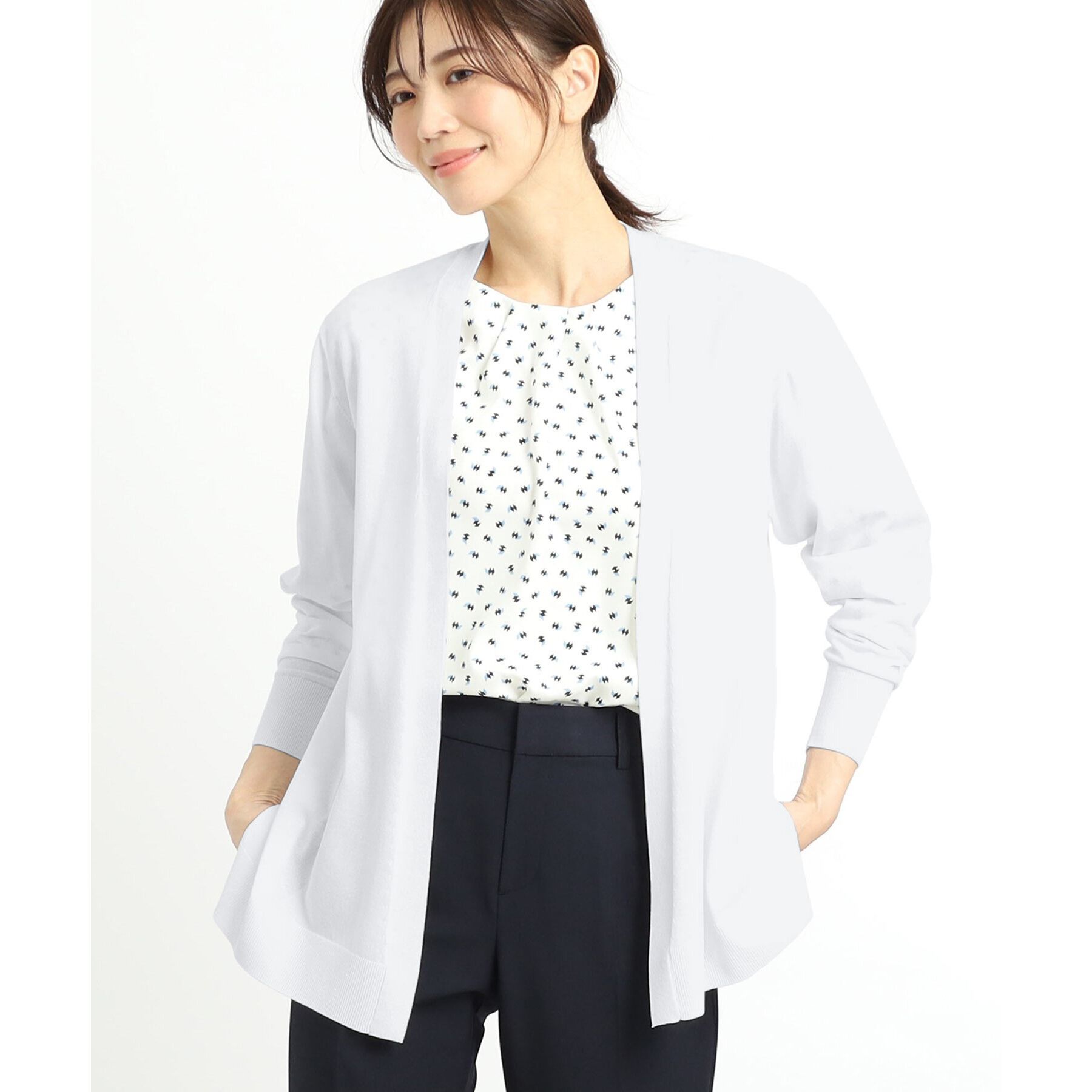 Reflect「【夏SALE／単品使いもできる】プリントブラウス着流しカーディガンニット」|カーディガン|ライトグレー(011