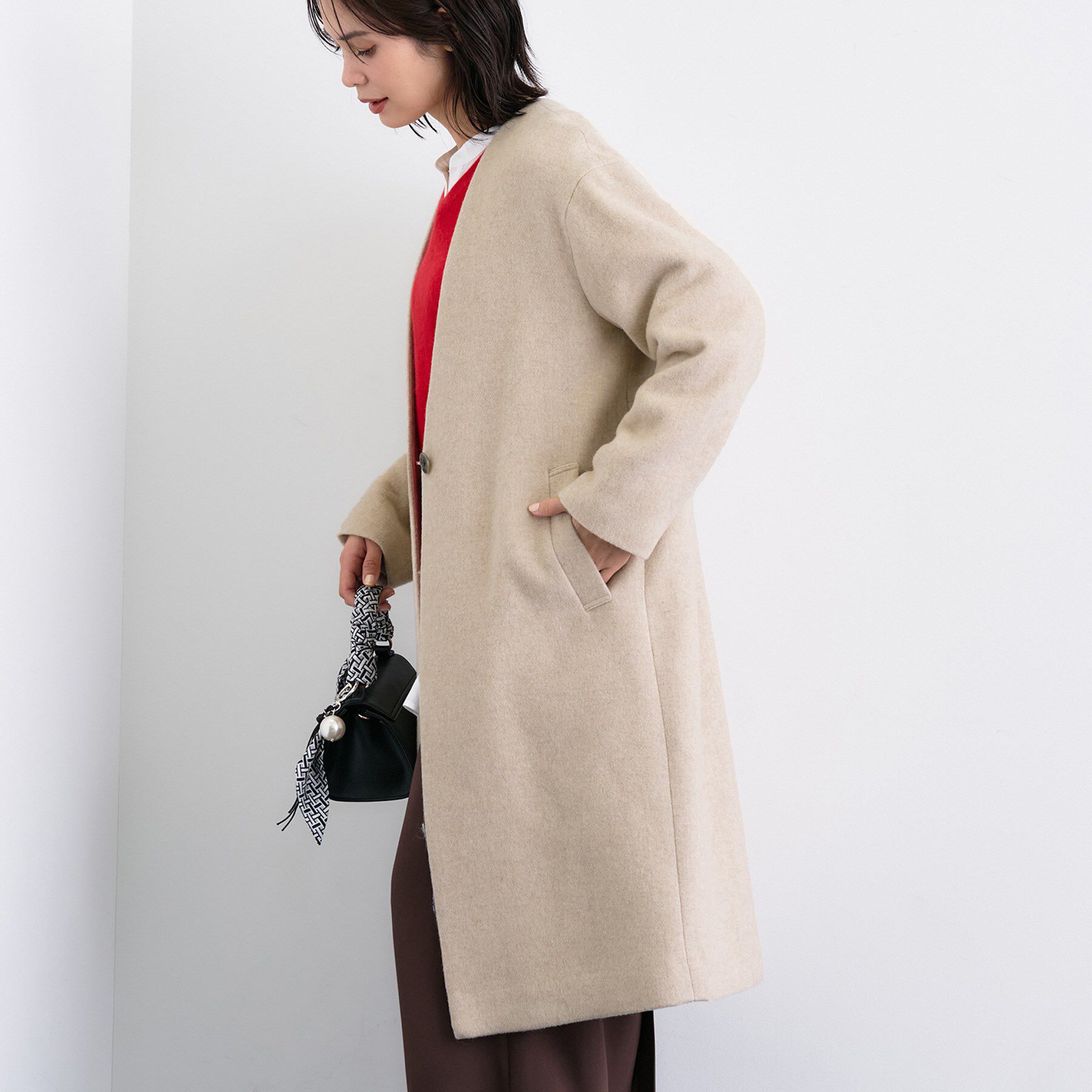 INDIVI「【軽量／ウール混】ライトフォルム ロングコート」|ノーカラーコート|