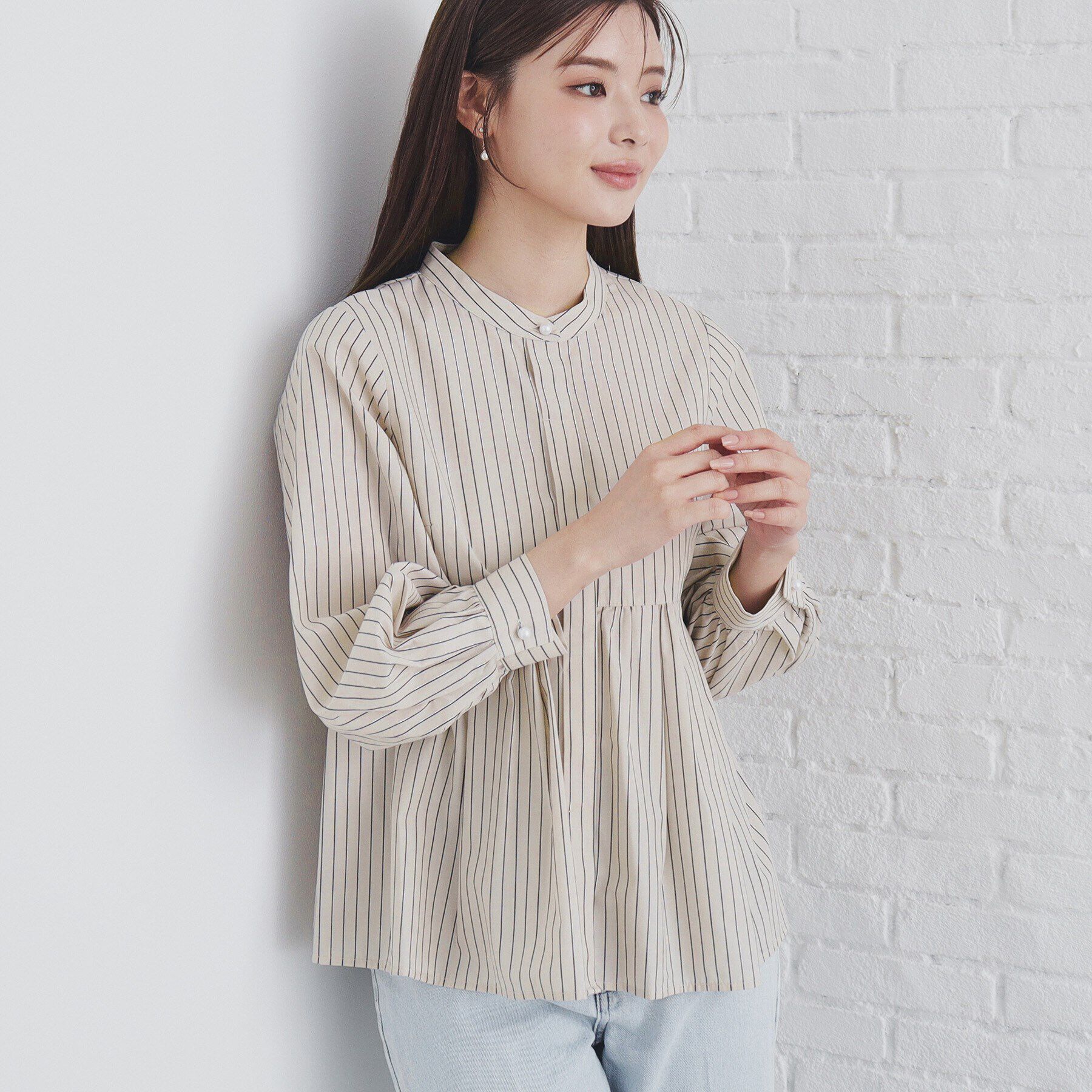 index「ラメラインペプラムブラウス【洗濯機洗い可/イージーアイロン/防シワ】」|シャツ・ブラウス|グレージュ(350)