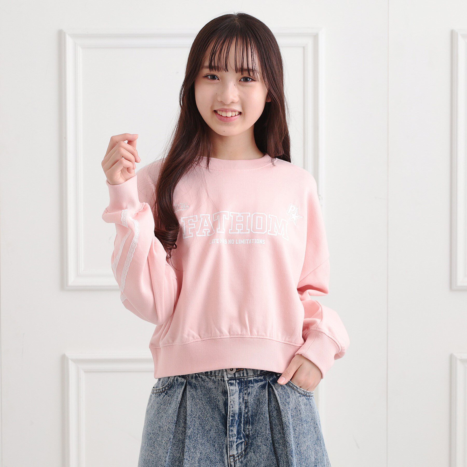 PINK-latte「ミニ裏レースライン短丈プルオーバー」|Tシャツ・カットソー|ピンク(071)