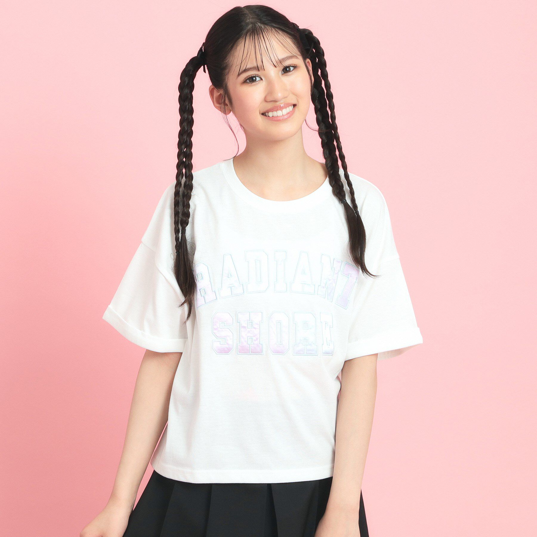 PINK-latte「サテンアップリケカレッジTシャツ」|Tシャツ・カットソー|オフホワイト(003