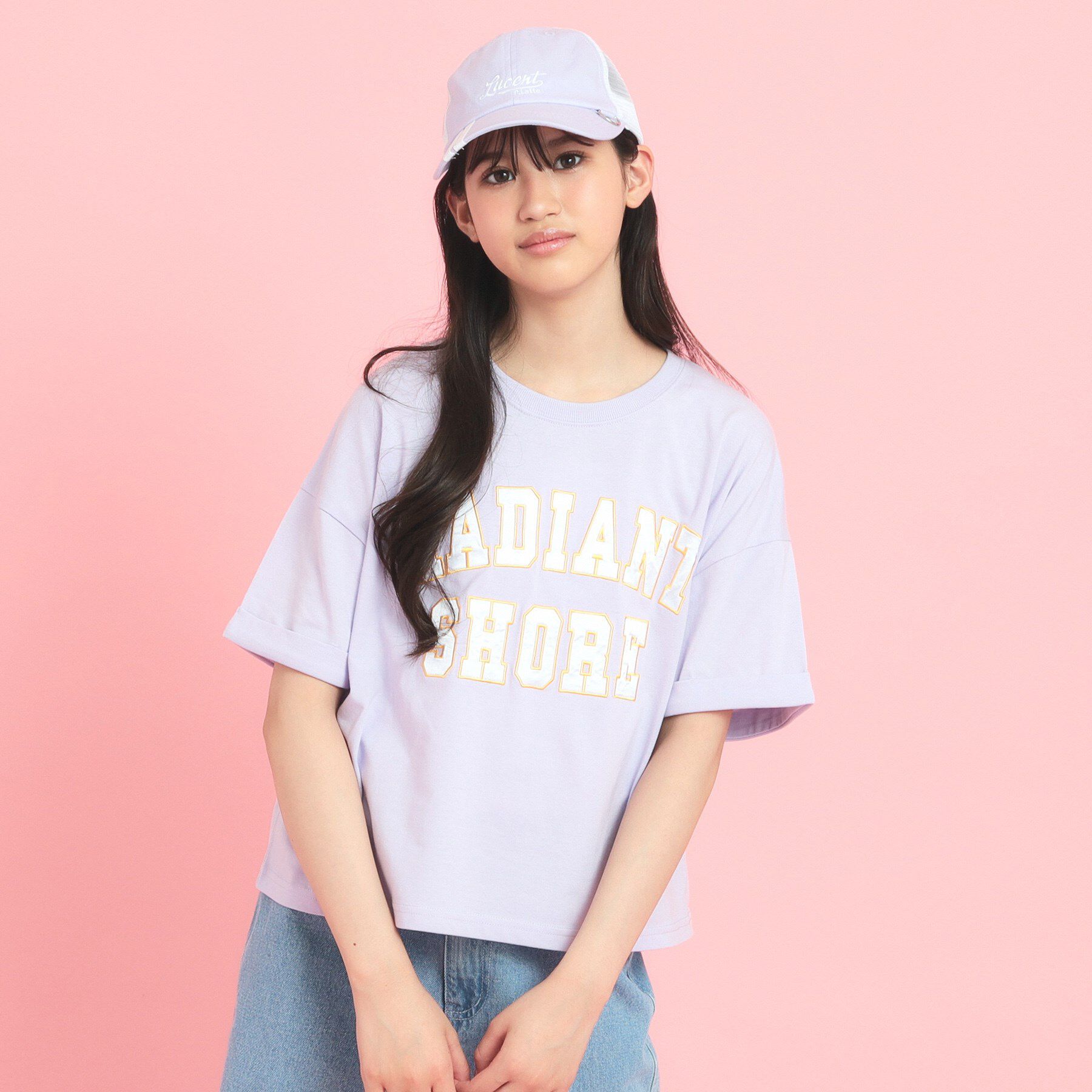 PINK-latte「サテンアップリケカレッジTシャツ」|Tシャツ・カットソー|パープル(081)