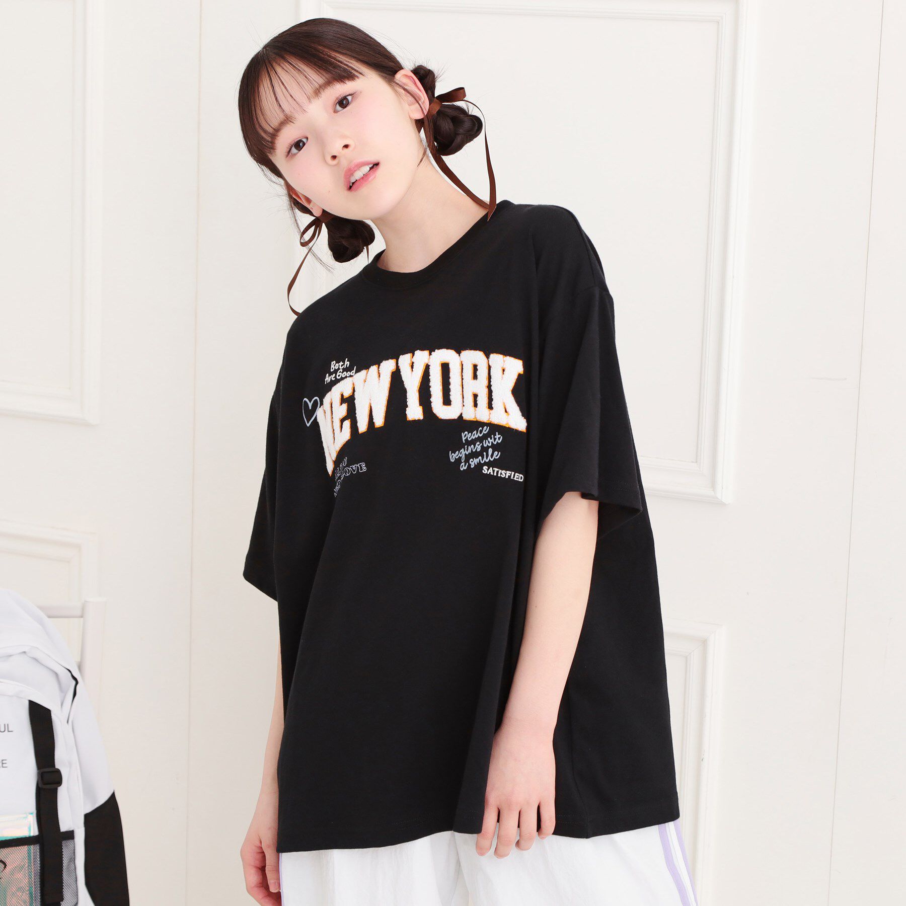 PINK-latte「さがら刺繍ビッグTシャツ」|Tシャツ・カットソー|ブラック(019)