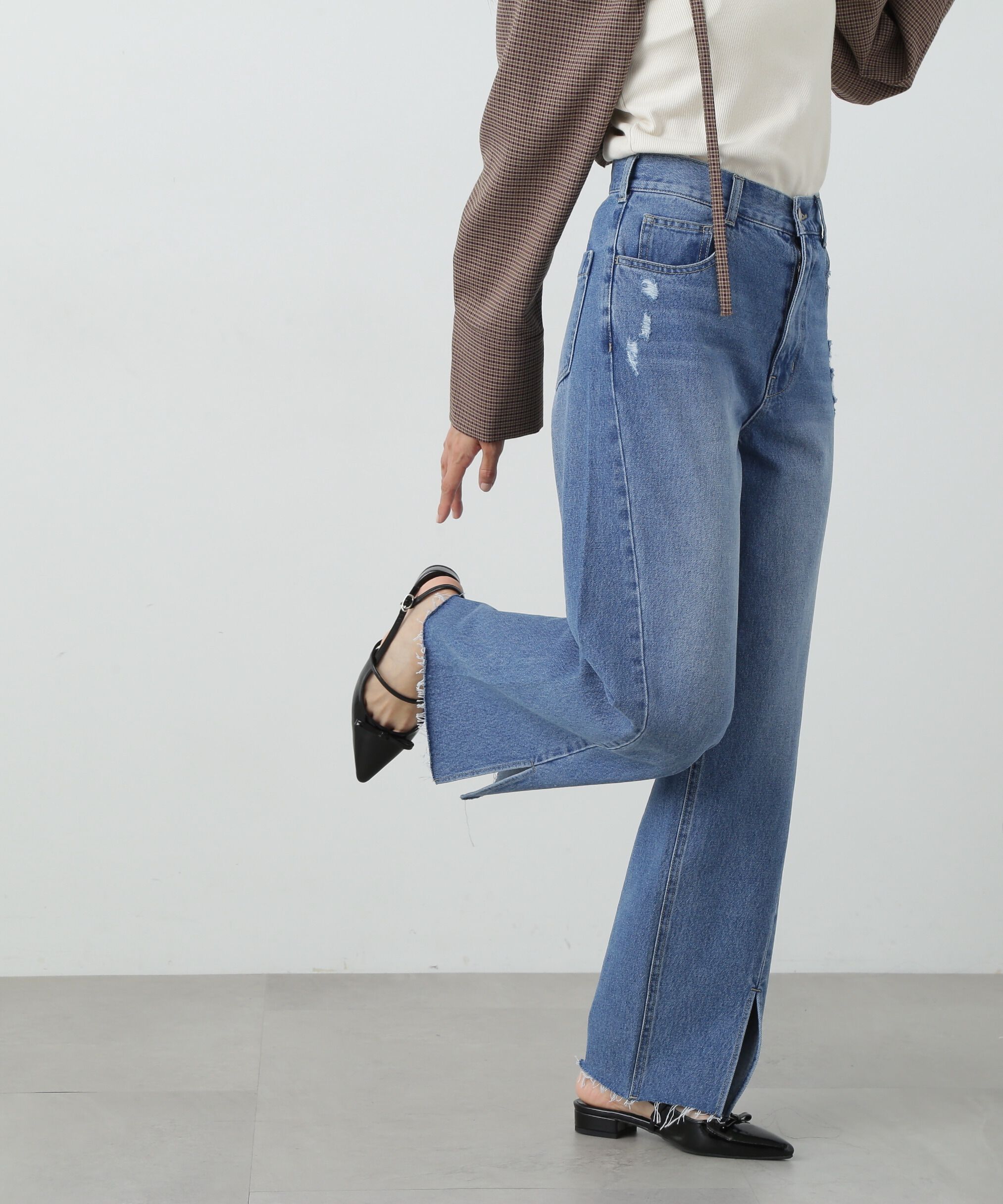  「スリット切替ダメージワイドデニムパンツ《S Size Line》」|その他|