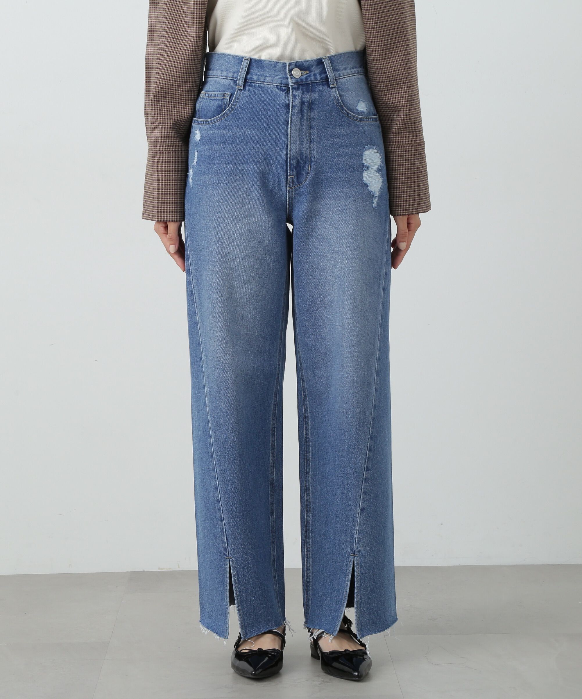 「スリット切替ダメージワイドデニムパンツ《S Size Line》」|その他|