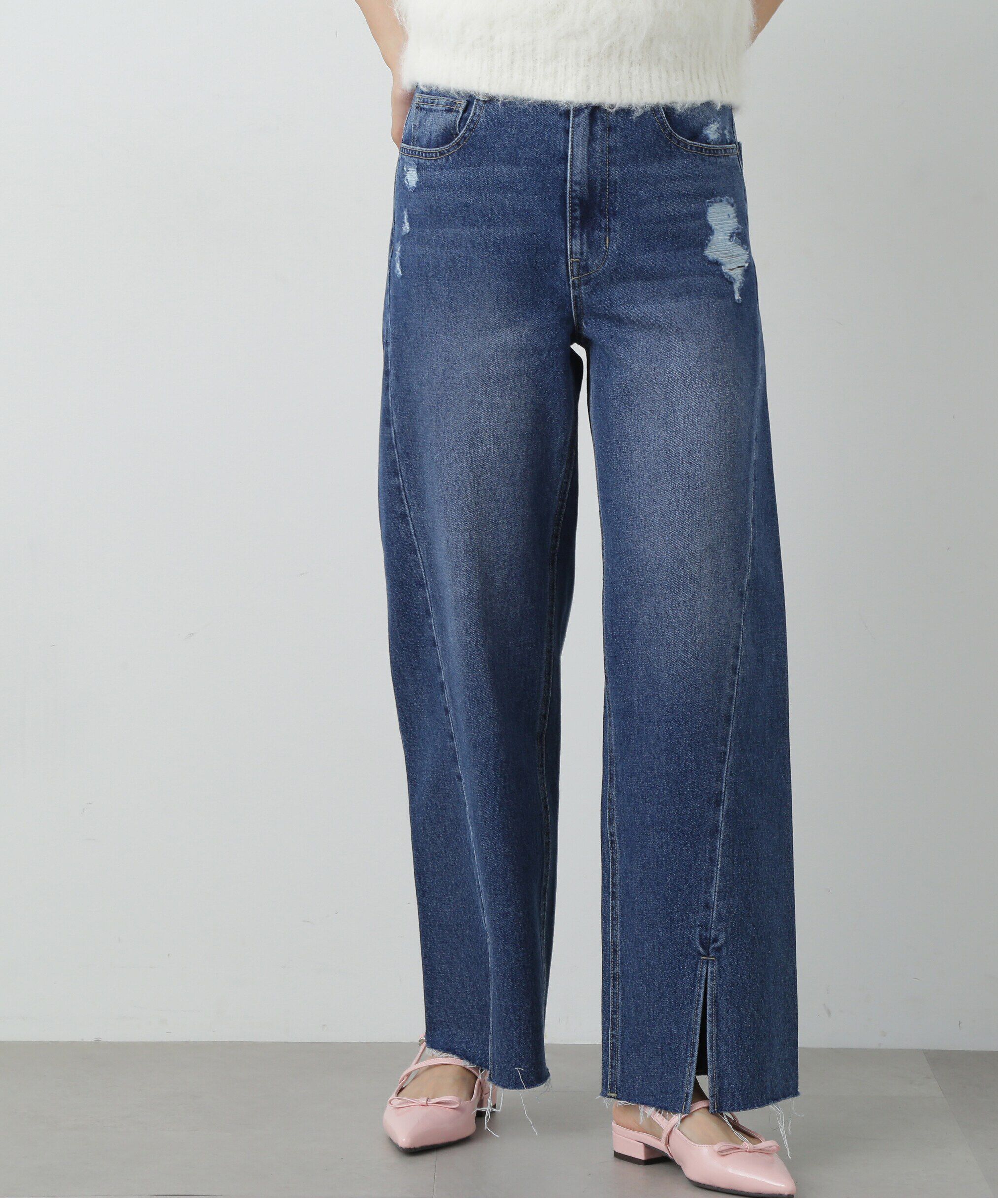  「スリット切替ダメージワイドデニムパンツ《S Size Line》」|その他|ミッドブルー1
