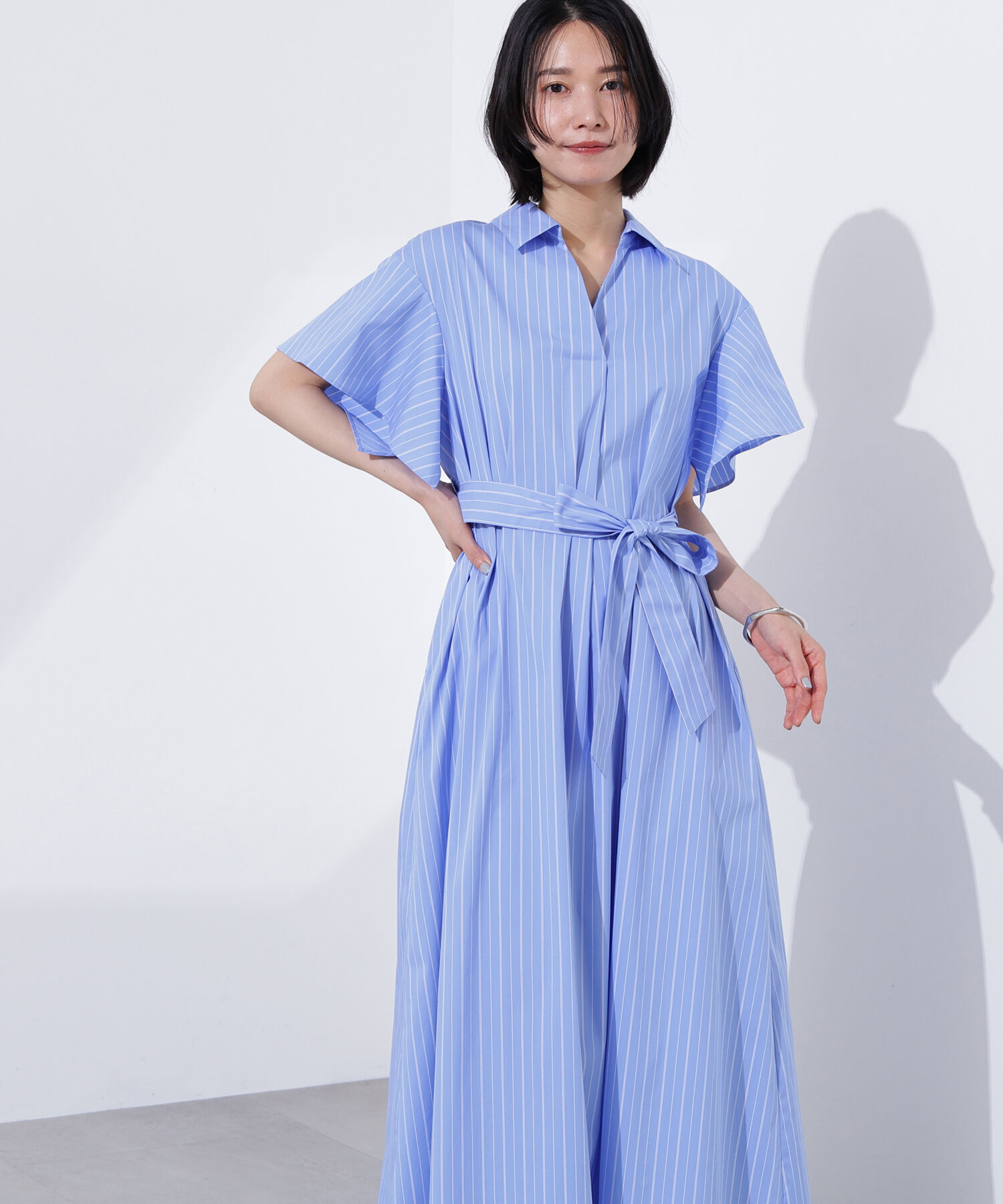  「スキッパーリボンベルトシャツワンピース」|ワンピース|