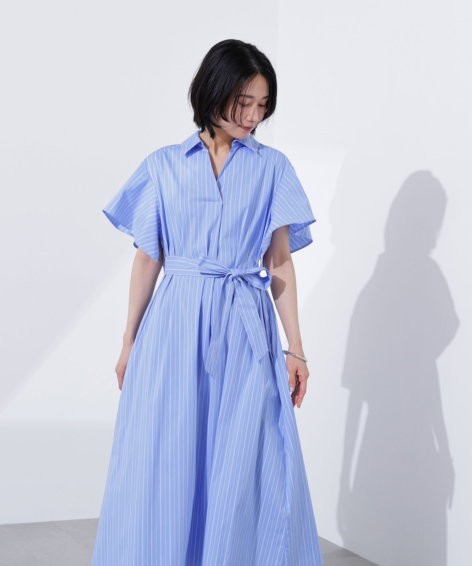  「スキッパーリボンベルトシャツワンピース」|ワンピース|