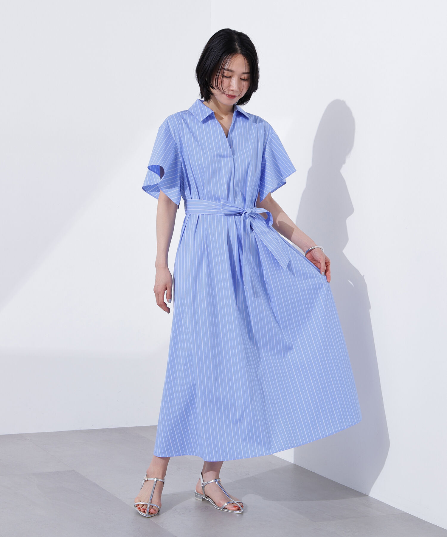  「スキッパーリボンベルトシャツワンピース」|ワンピース|