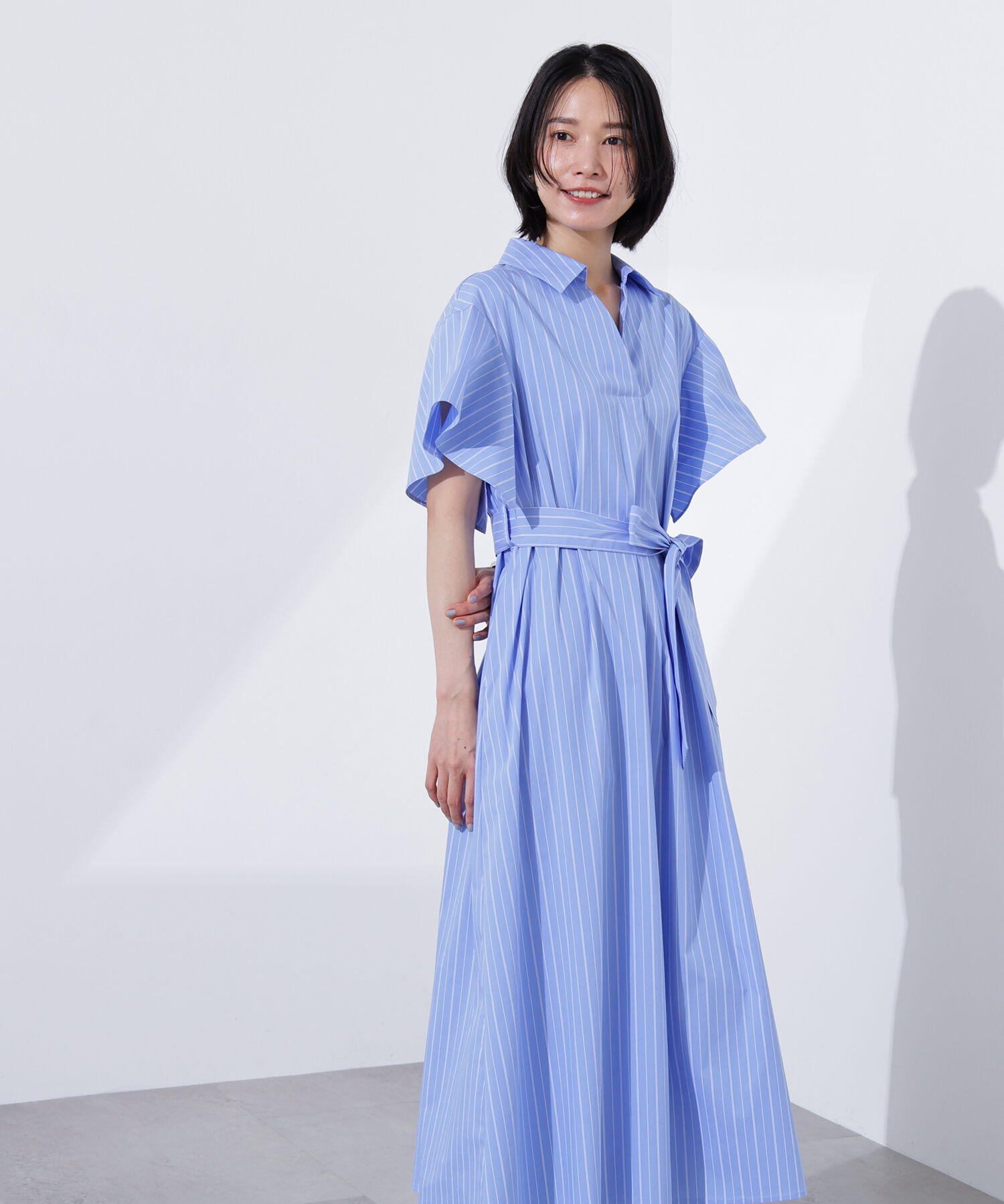  「スキッパーリボンベルトシャツワンピース」|ワンピース|