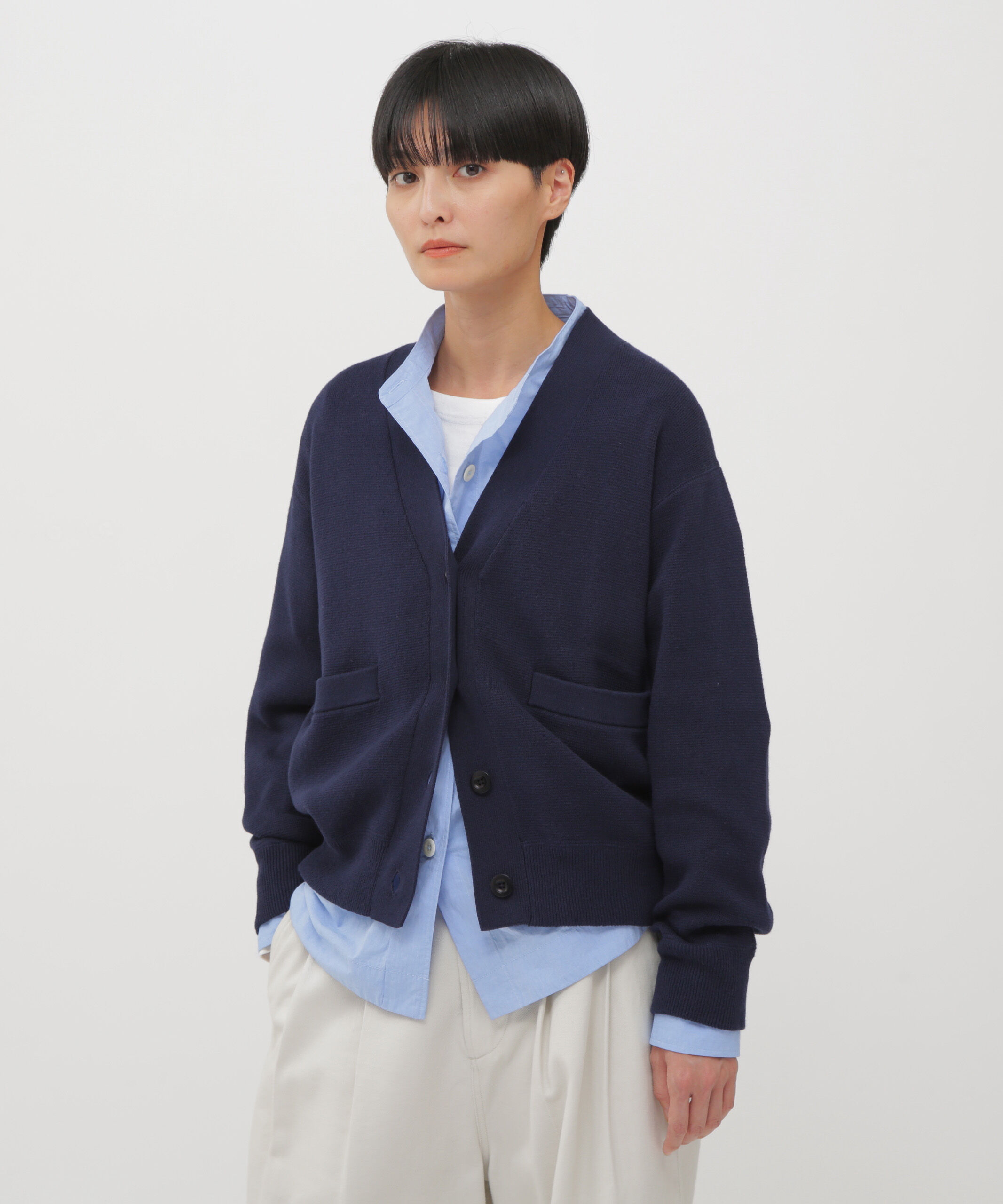 MHL.「DRY WORN COTTON RIB KNITWEAR」|カーディガン|DARK NAVY1