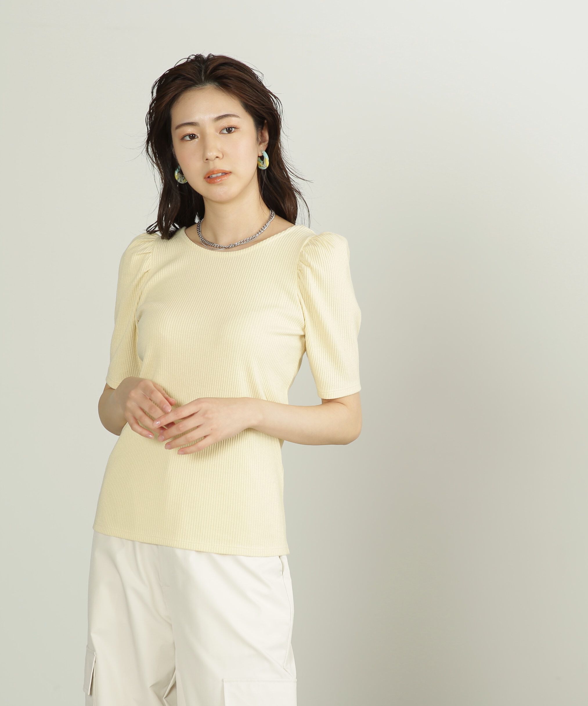  「三角テレコ前後2Wayパフスリーブカットソー」|Tシャツ・カットソー|