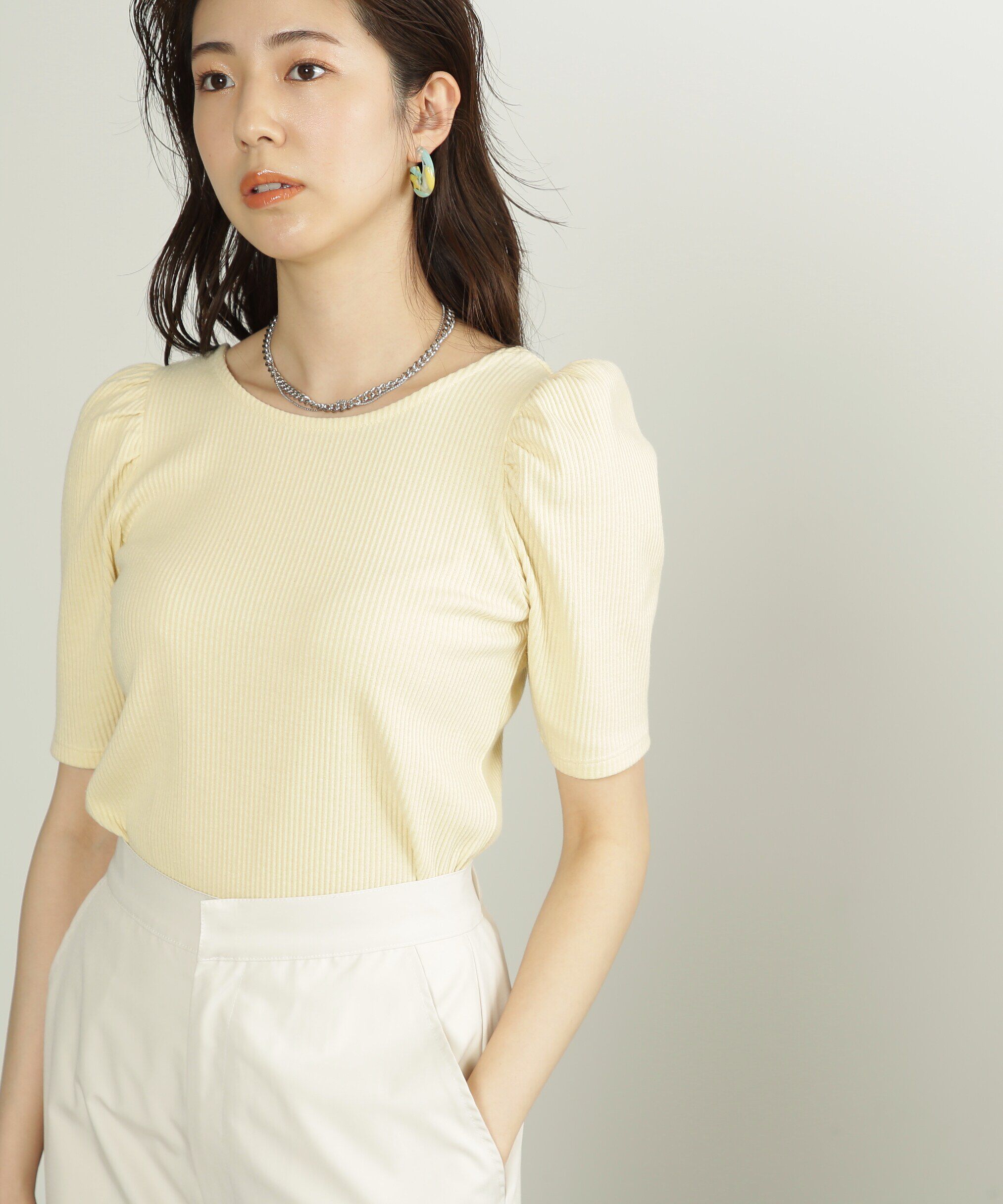  「三角テレコ前後2Wayパフスリーブカットソー」|Tシャツ・カットソー|