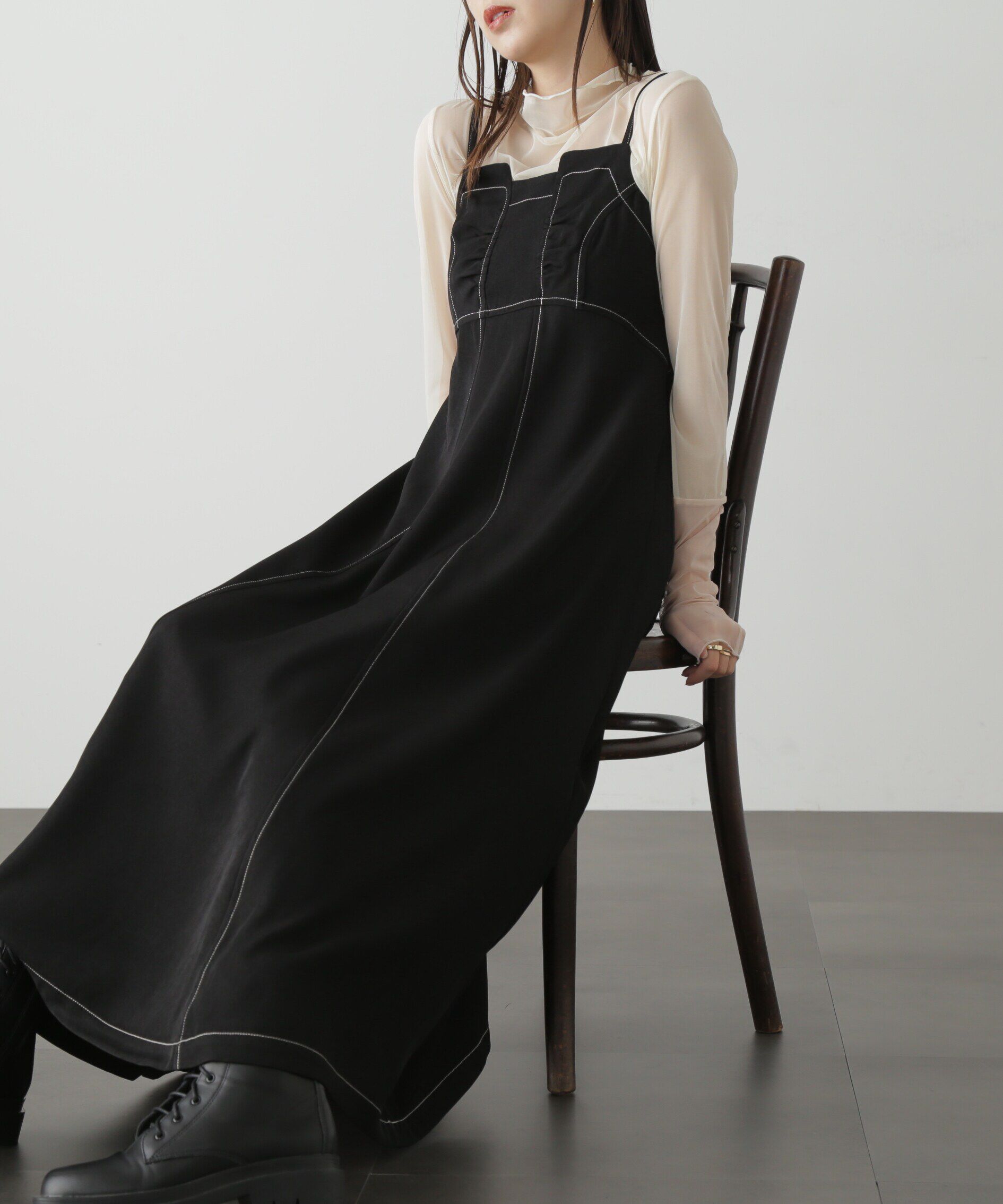  「[低身長サイズ/Sシリーズ]配色ステッチフレアキャミワンピース」|ワンピース|