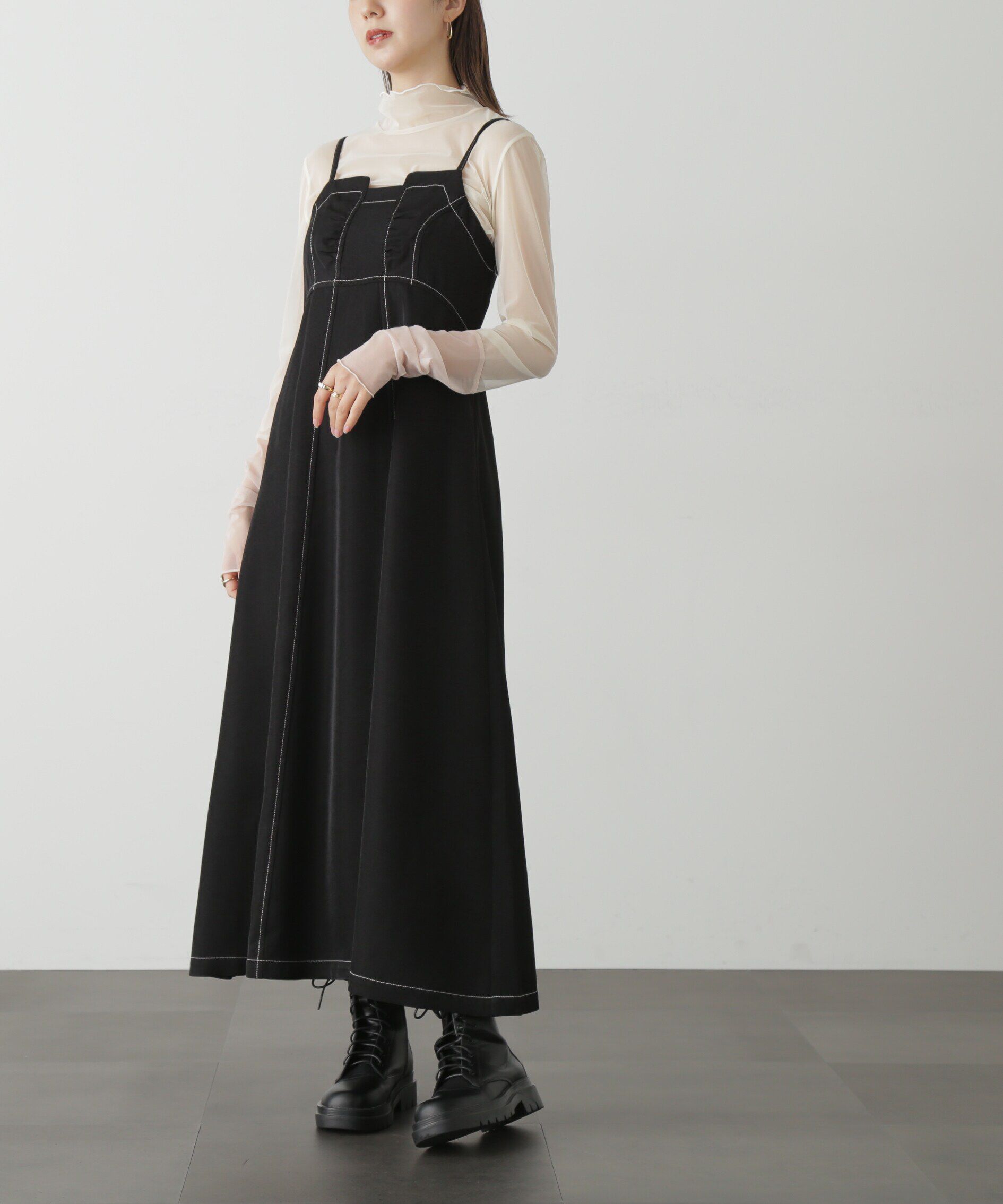  「[低身長サイズ/Sシリーズ]配色ステッチフレアキャミワンピース」|ワンピース|