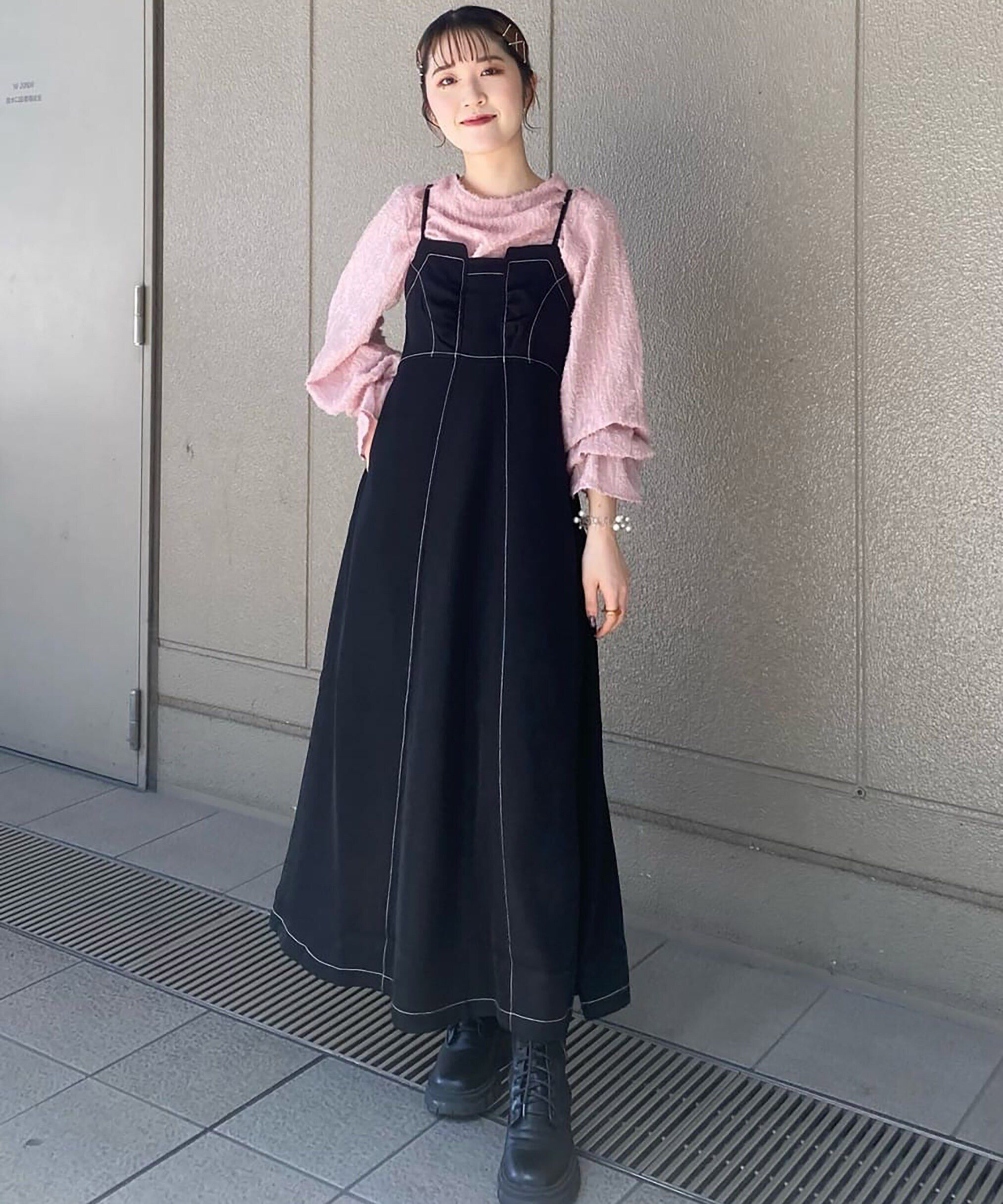  「[低身長サイズ/Sシリーズ]配色ステッチフレアキャミワンピース」|ワンピース|