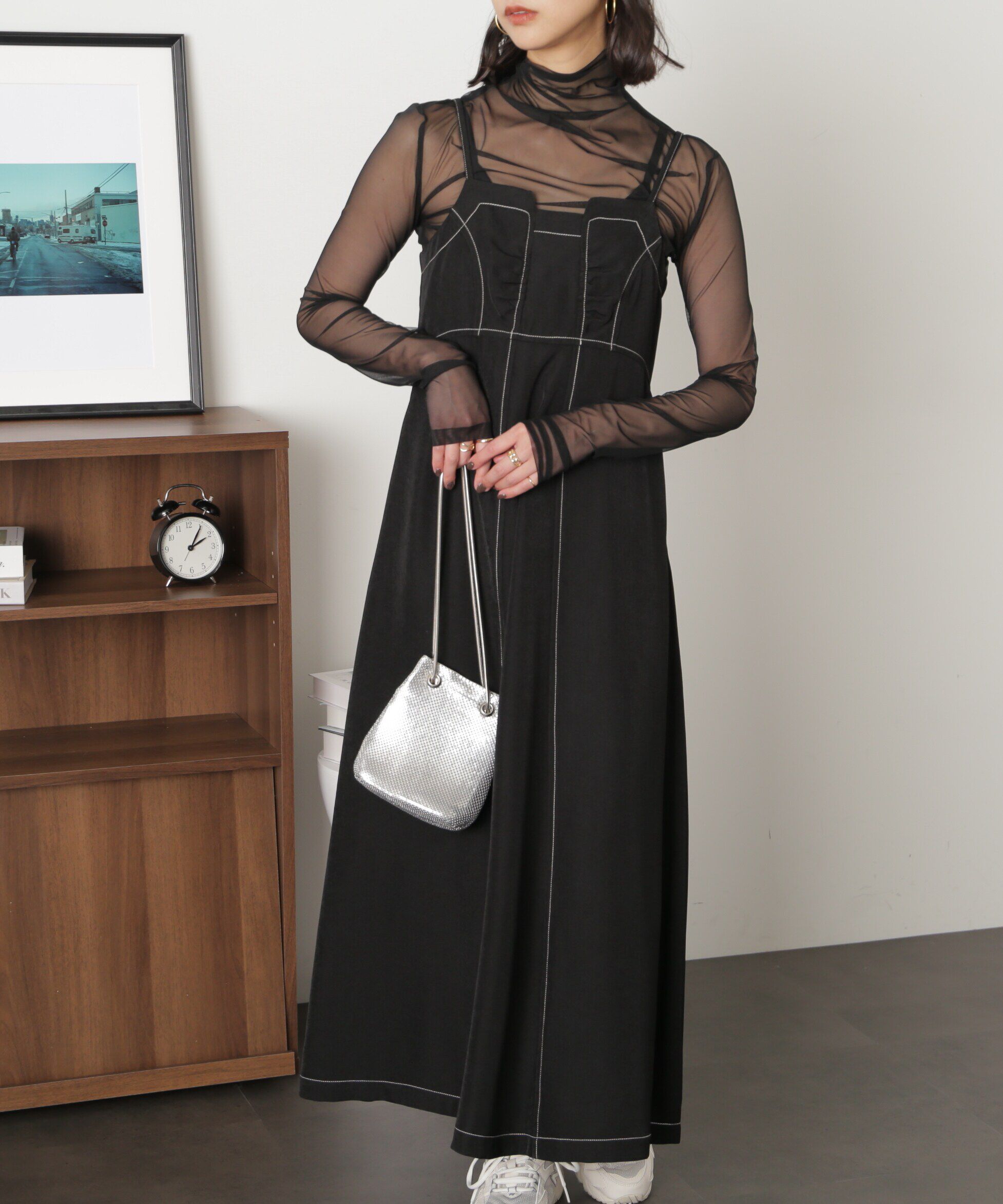  「[低身長サイズ/Sシリーズ]配色ステッチフレアキャミワンピース」|ワンピース|