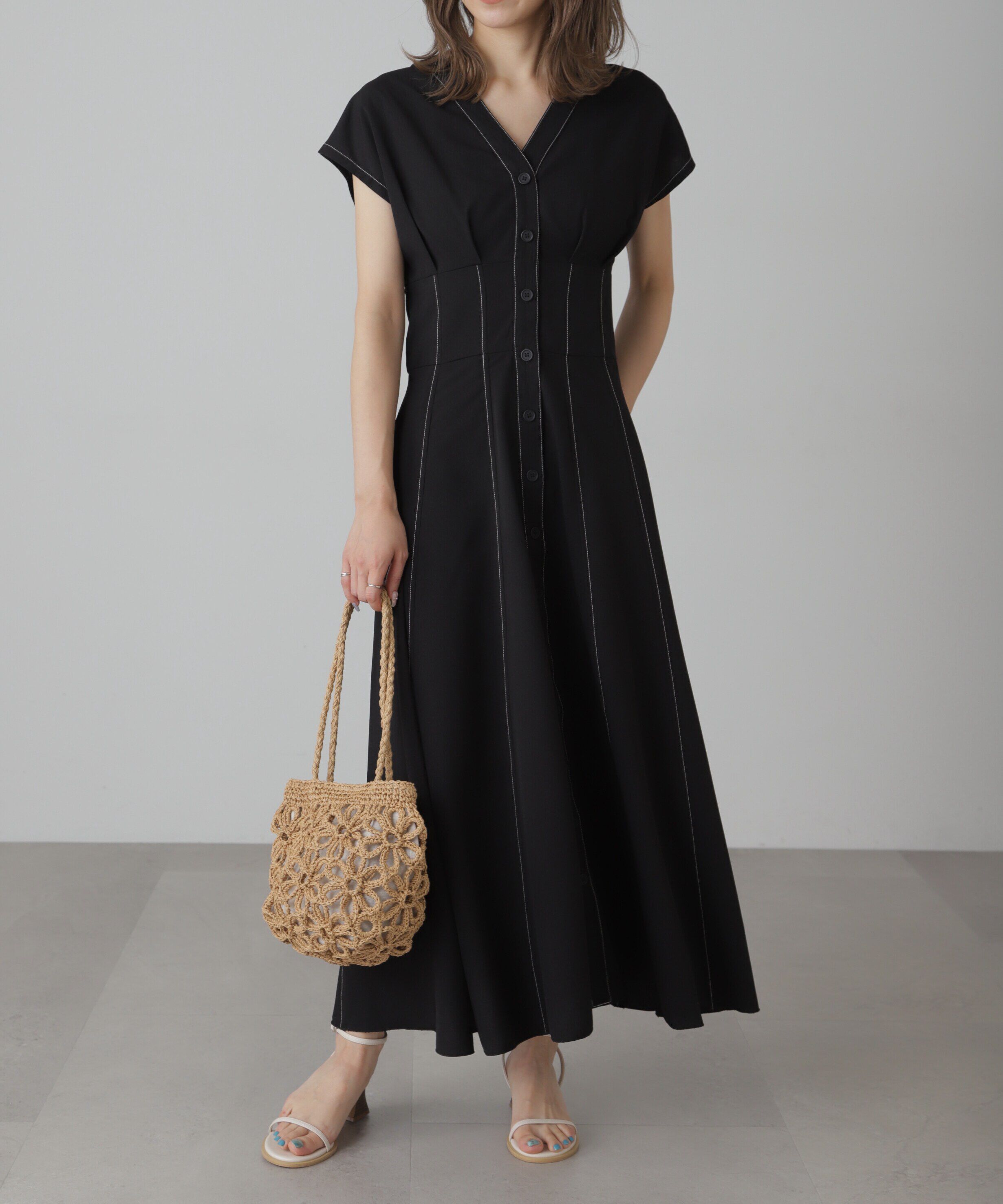  「ウエストシェイプ配色ステッチワンピース」|ワンピース|ブラック