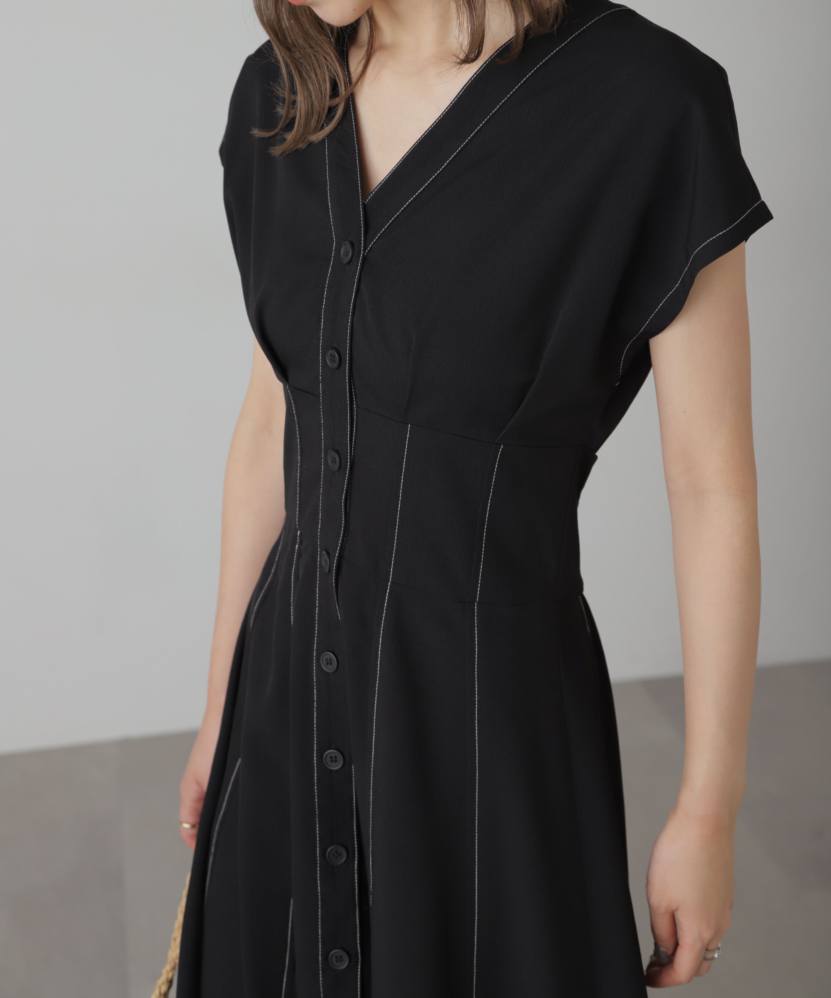  「ウエストシェイプ配色ステッチワンピース」|ワンピース|