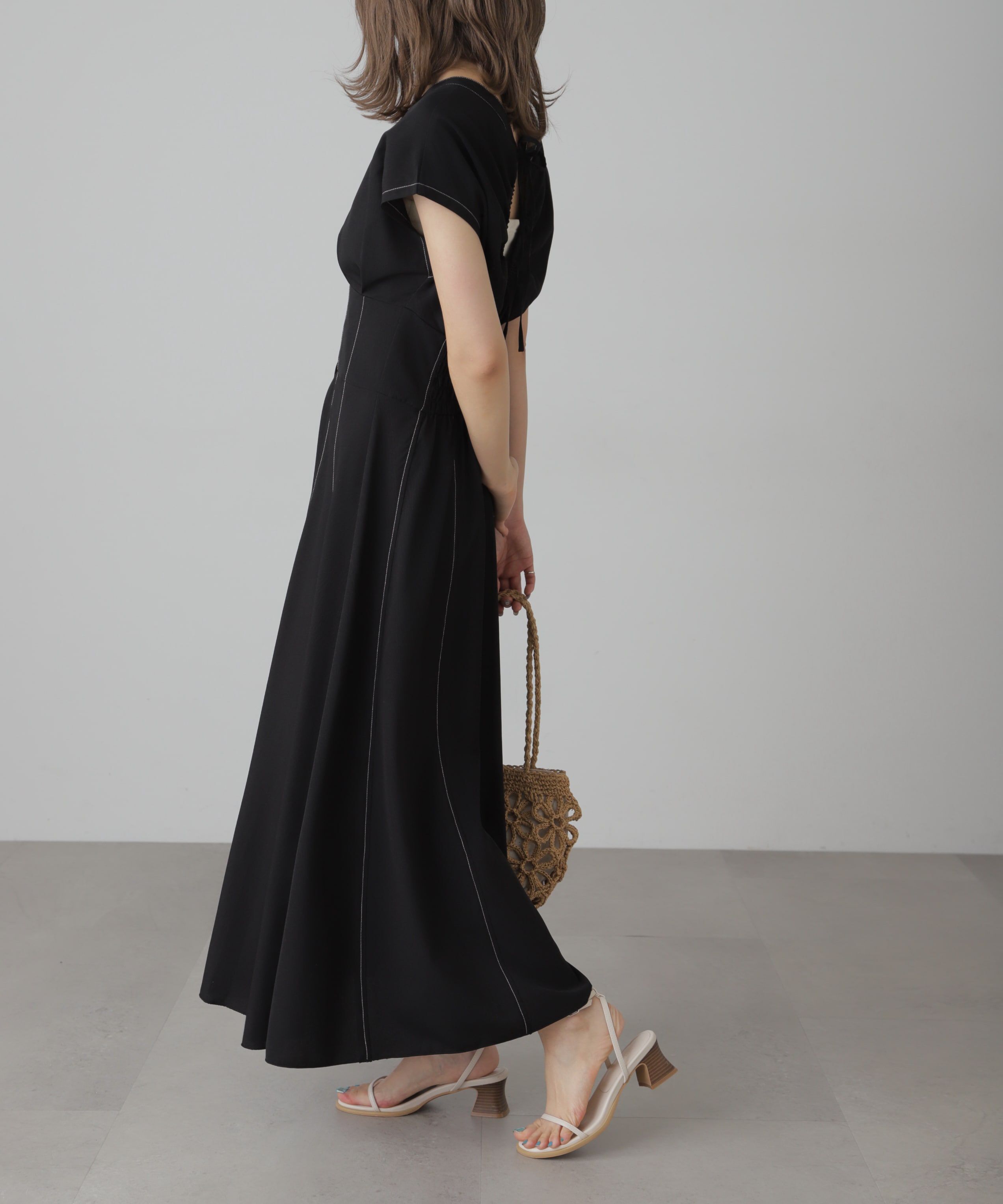  「ウエストシェイプ配色ステッチワンピース」|ワンピース|