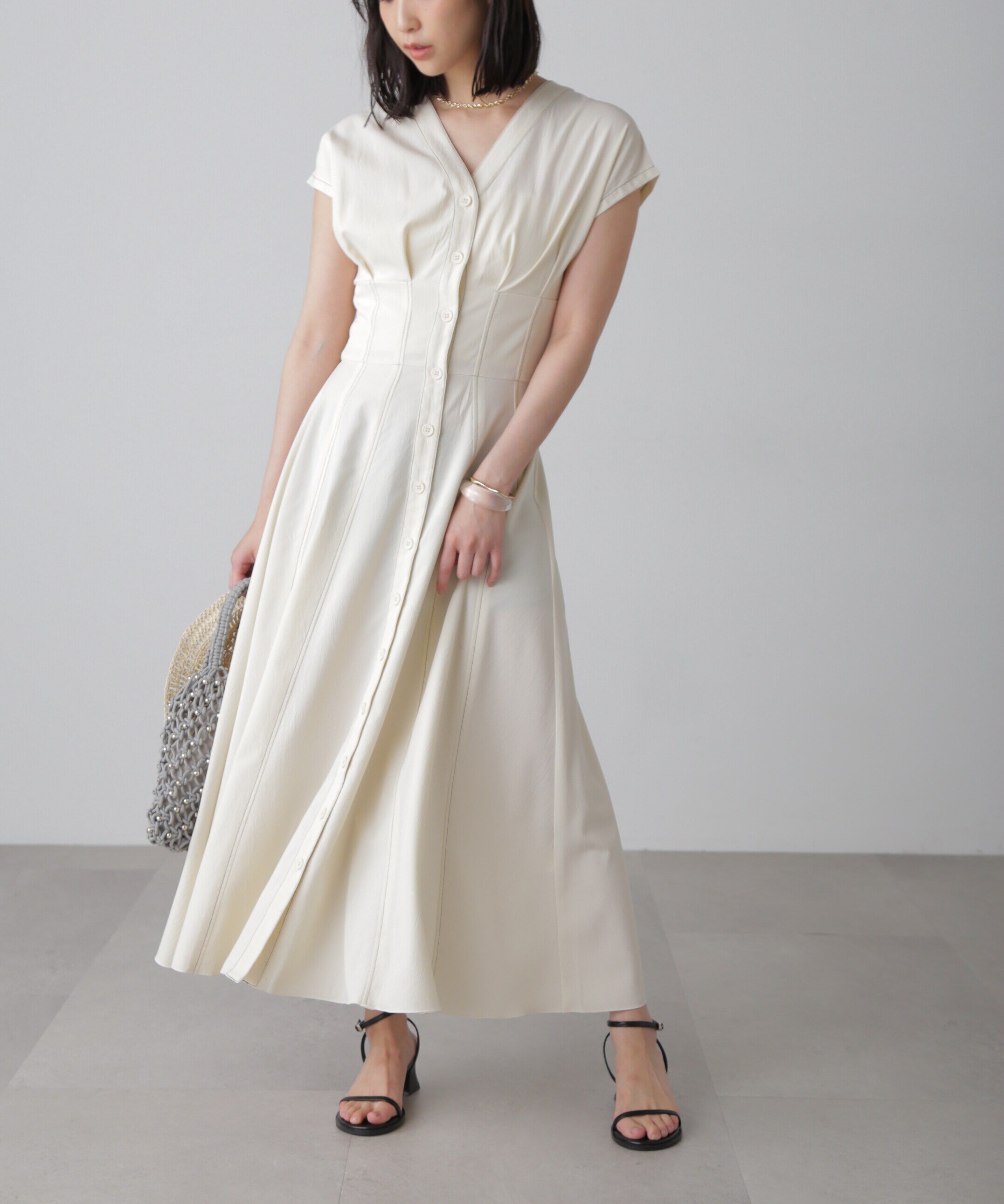  「ウエストシェイプ配色ステッチワンピース」|ワンピース|