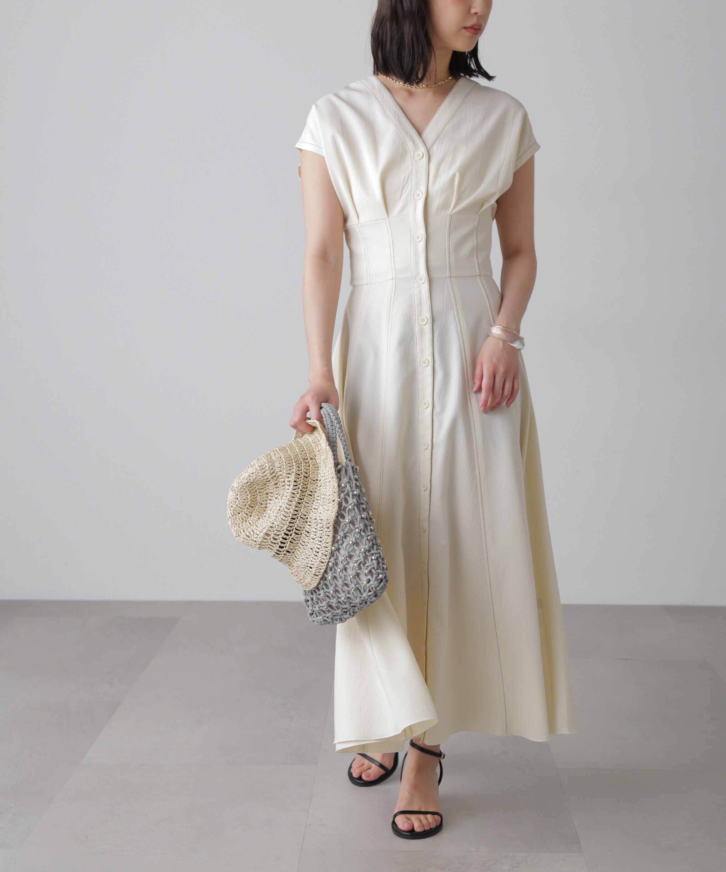  「ウエストシェイプ配色ステッチワンピース」|ワンピース|