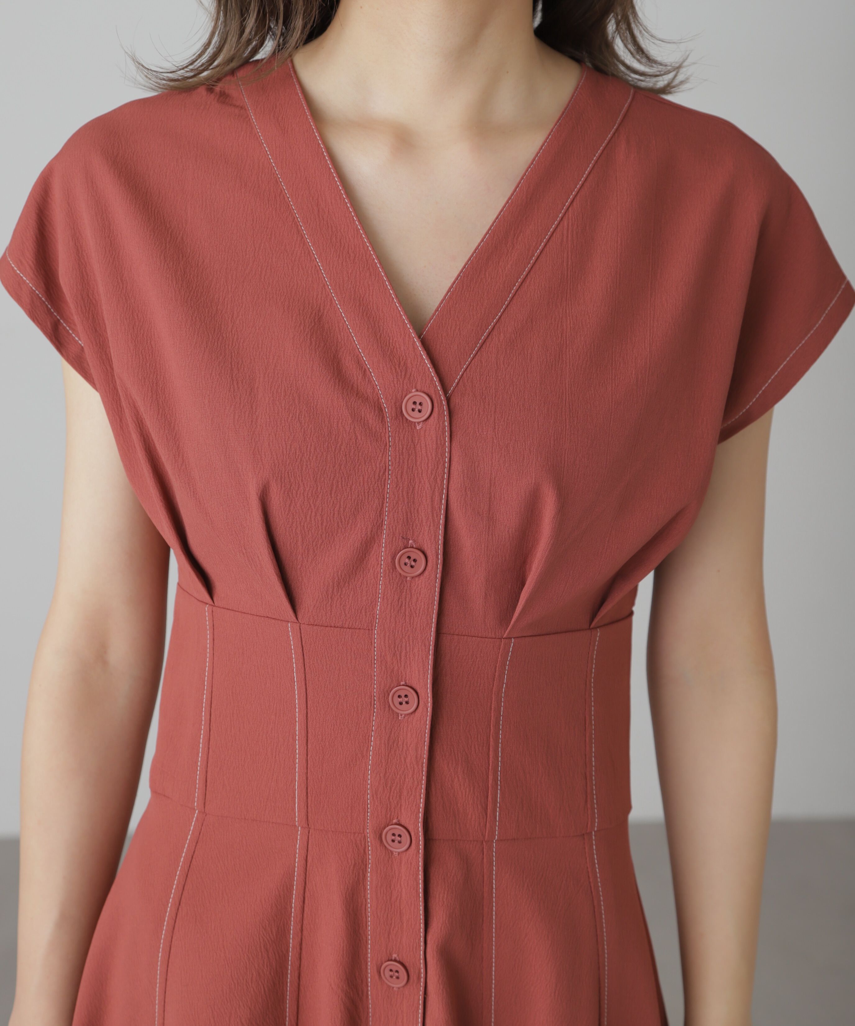  「ウエストシェイプ配色ステッチワンピース」|ワンピース|