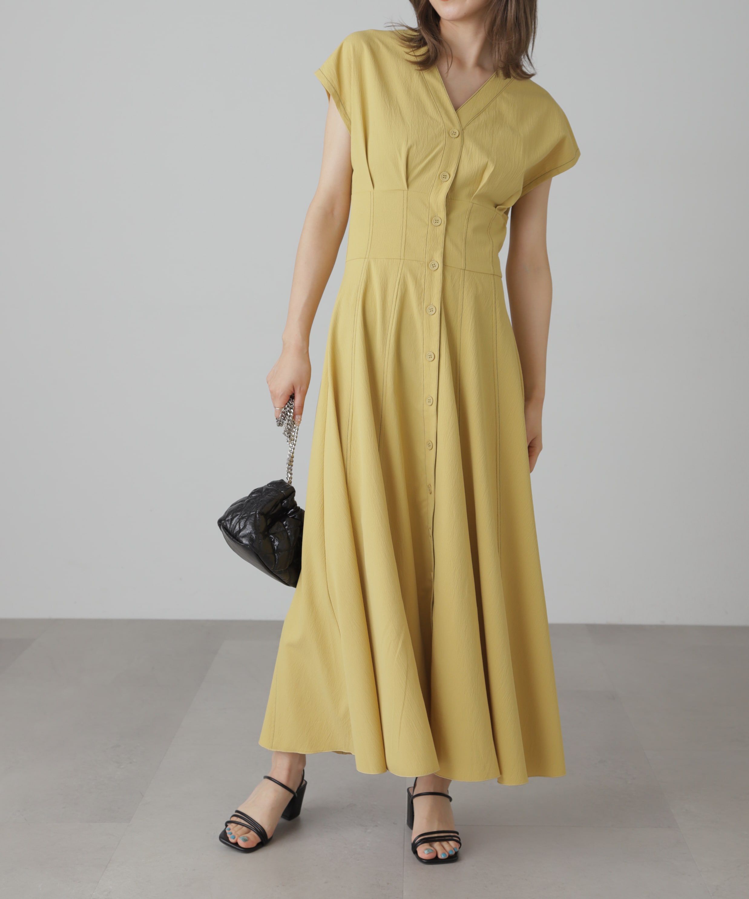  「ウエストシェイプ配色ステッチワンピース」|ワンピース|