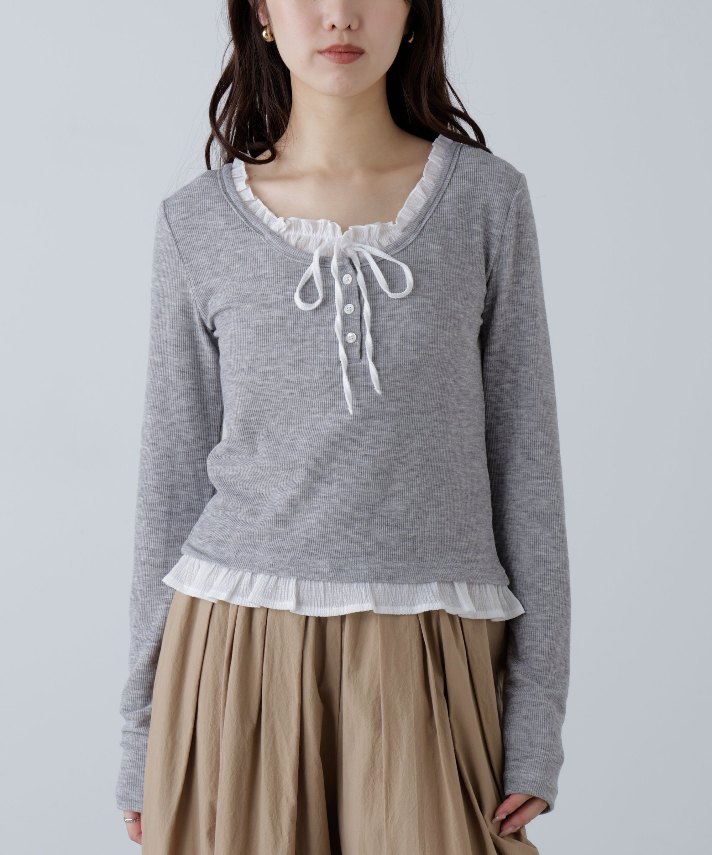  「レイヤード風フリルリボンカットソー」|Tシャツ・カットソー|