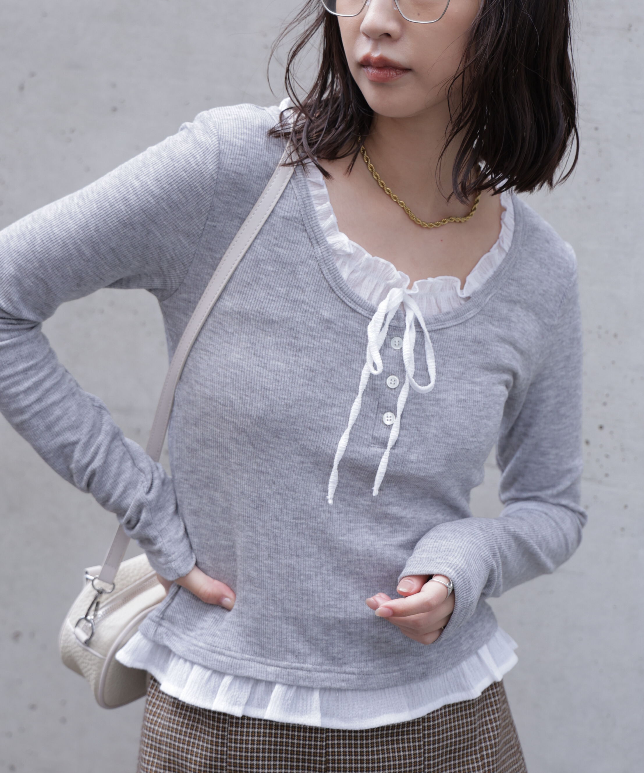  「レイヤード風フリルリボンカットソー」|Tシャツ・カットソー|