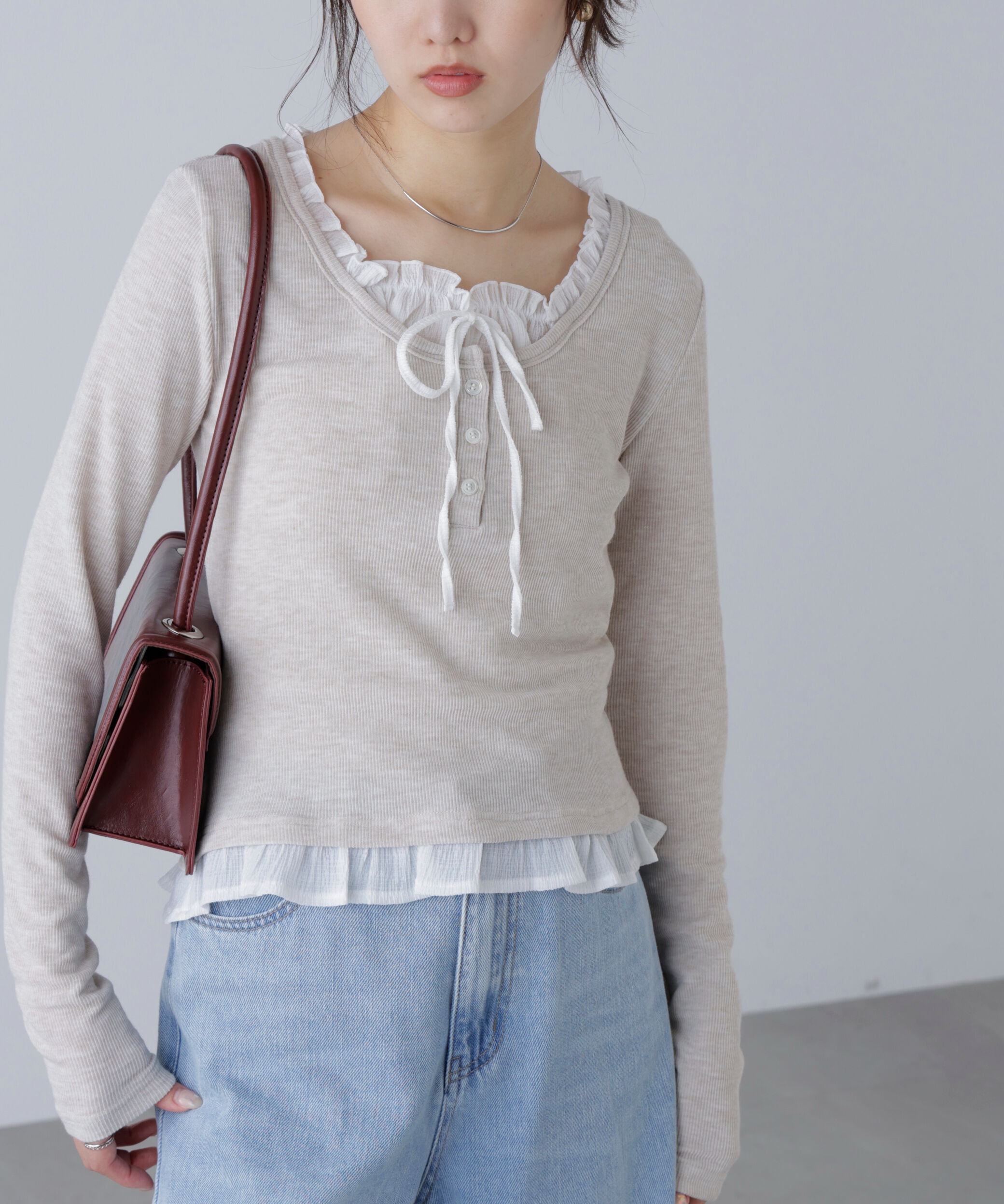  「レイヤード風フリルリボンカットソー」|Tシャツ・カットソー|