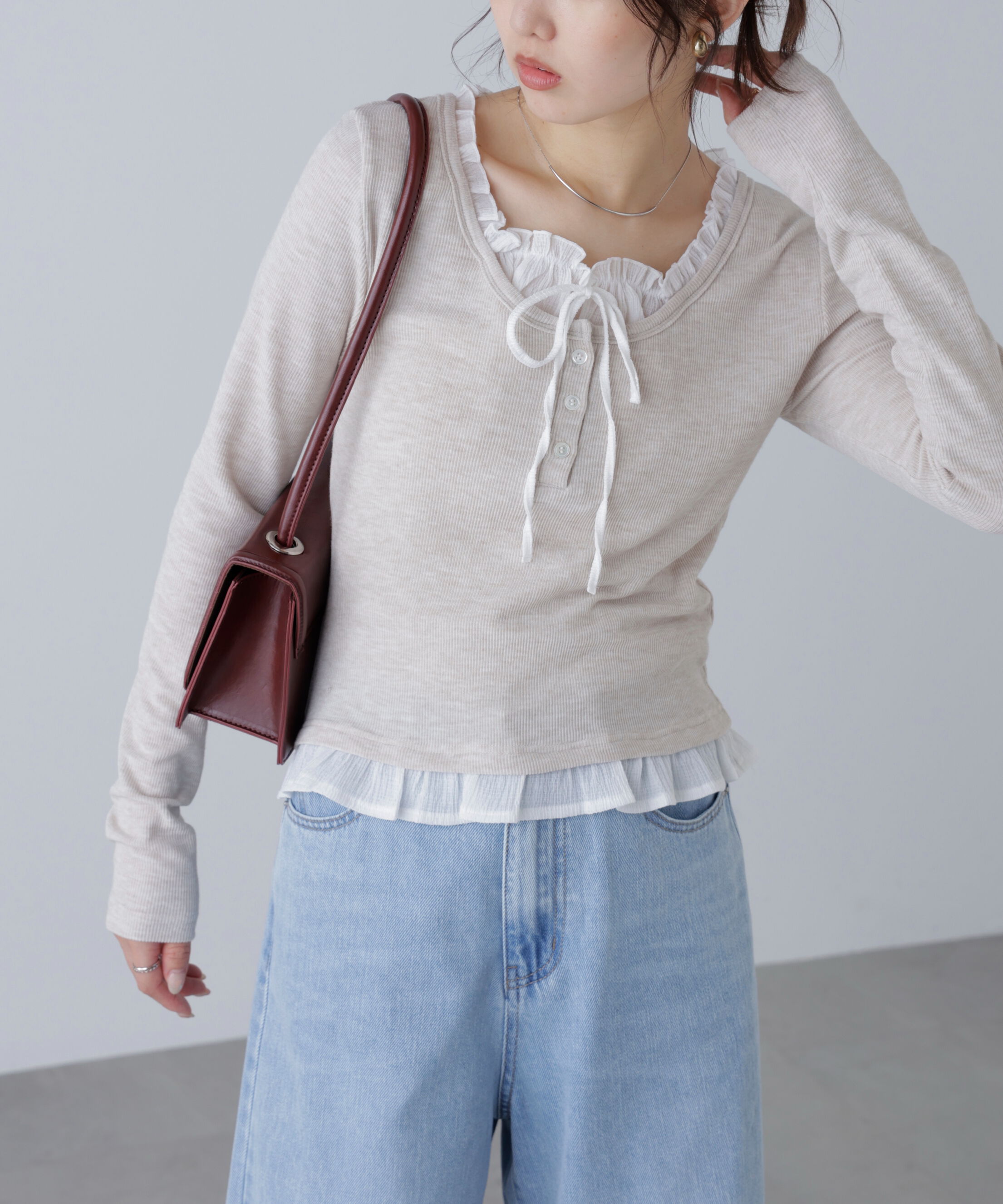  「レイヤード風フリルリボンカットソー」|Tシャツ・カットソー|