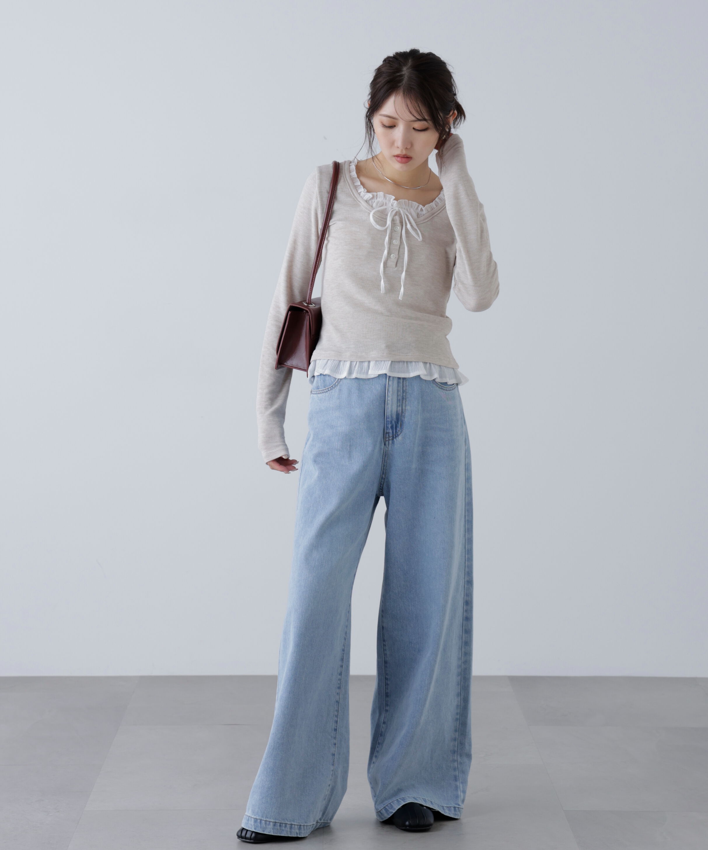  「レイヤード風フリルリボンカットソー」|Tシャツ・カットソー|