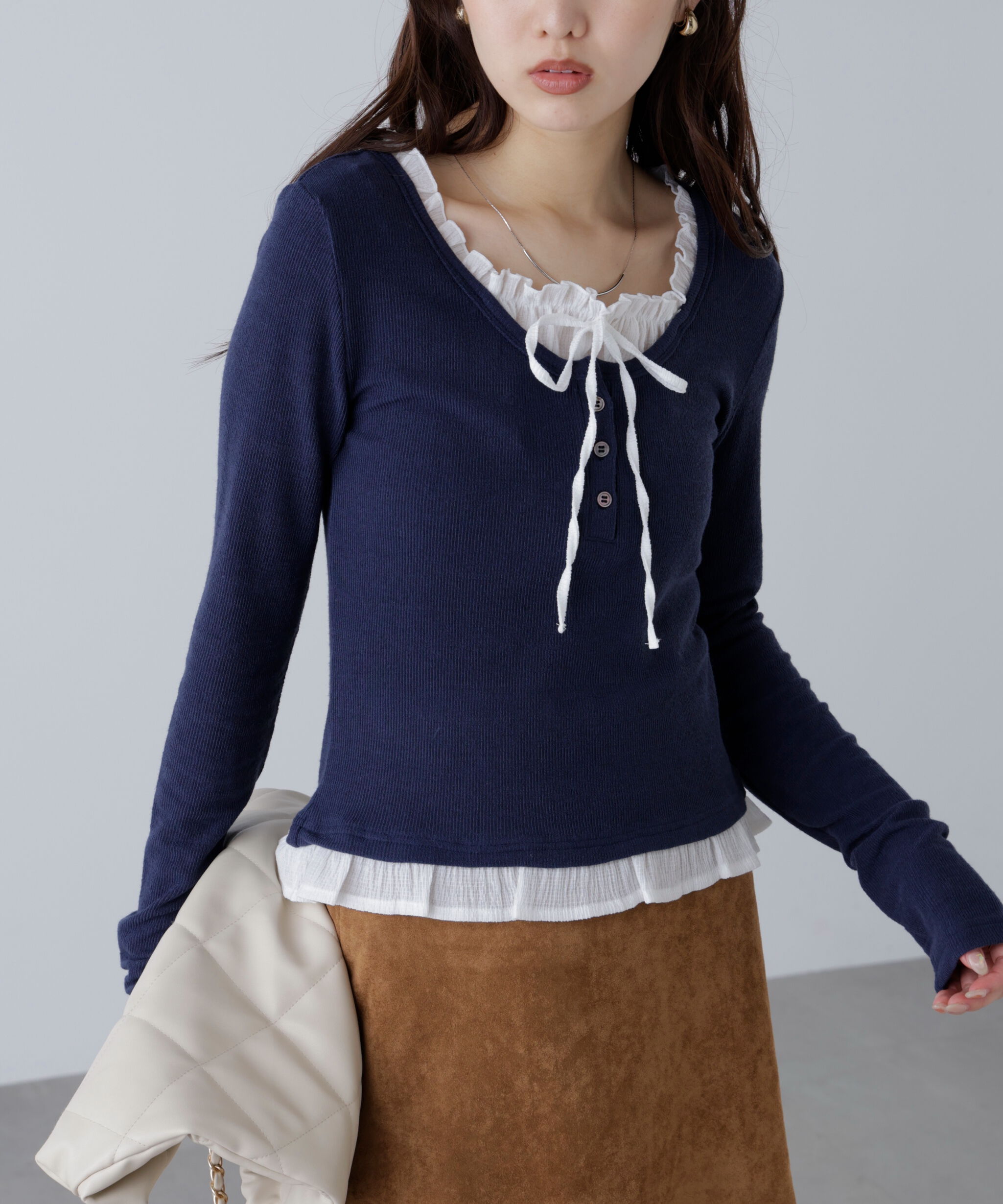  「レイヤード風フリルリボンカットソー」|Tシャツ・カットソー|