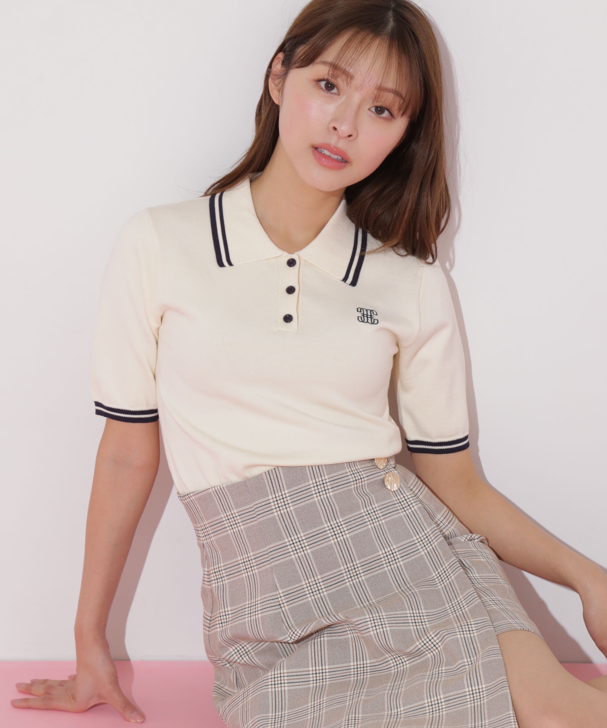  「バイカラーポロシャツ五分袖ニット」|ニット・セーター|オフホワイト