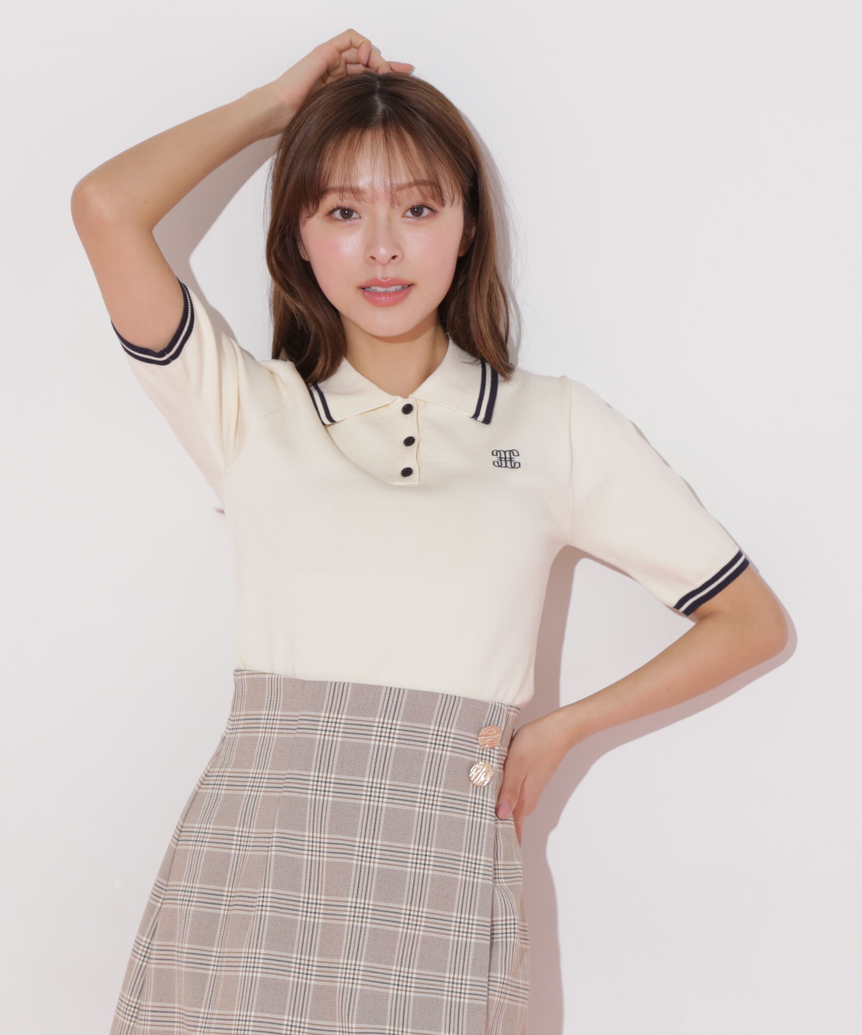  「バイカラーポロシャツ五分袖ニット」|ニット・セーター|