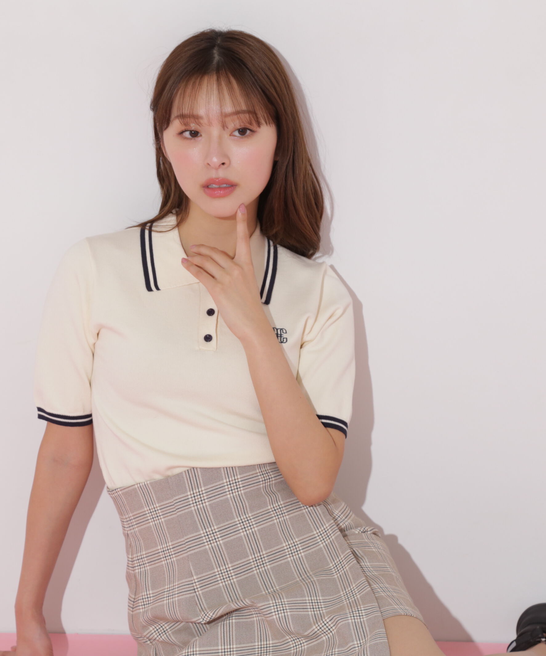  「バイカラーポロシャツ五分袖ニット」|ニット・セーター|