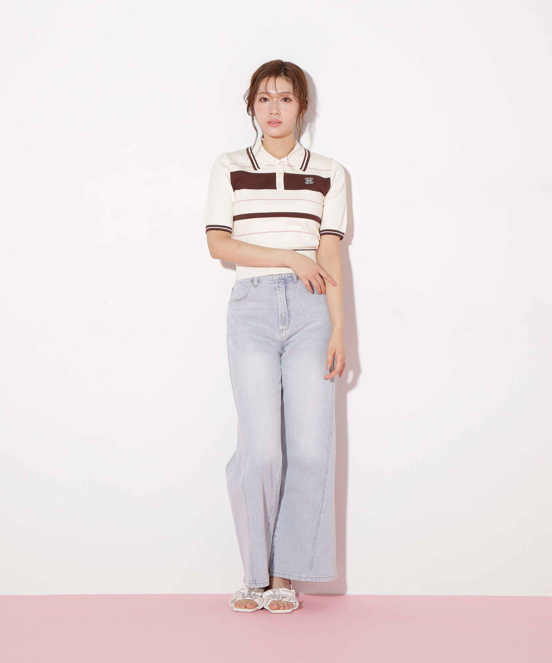  「バイカラーポロシャツ五分袖ニット」|ニット・セーター|